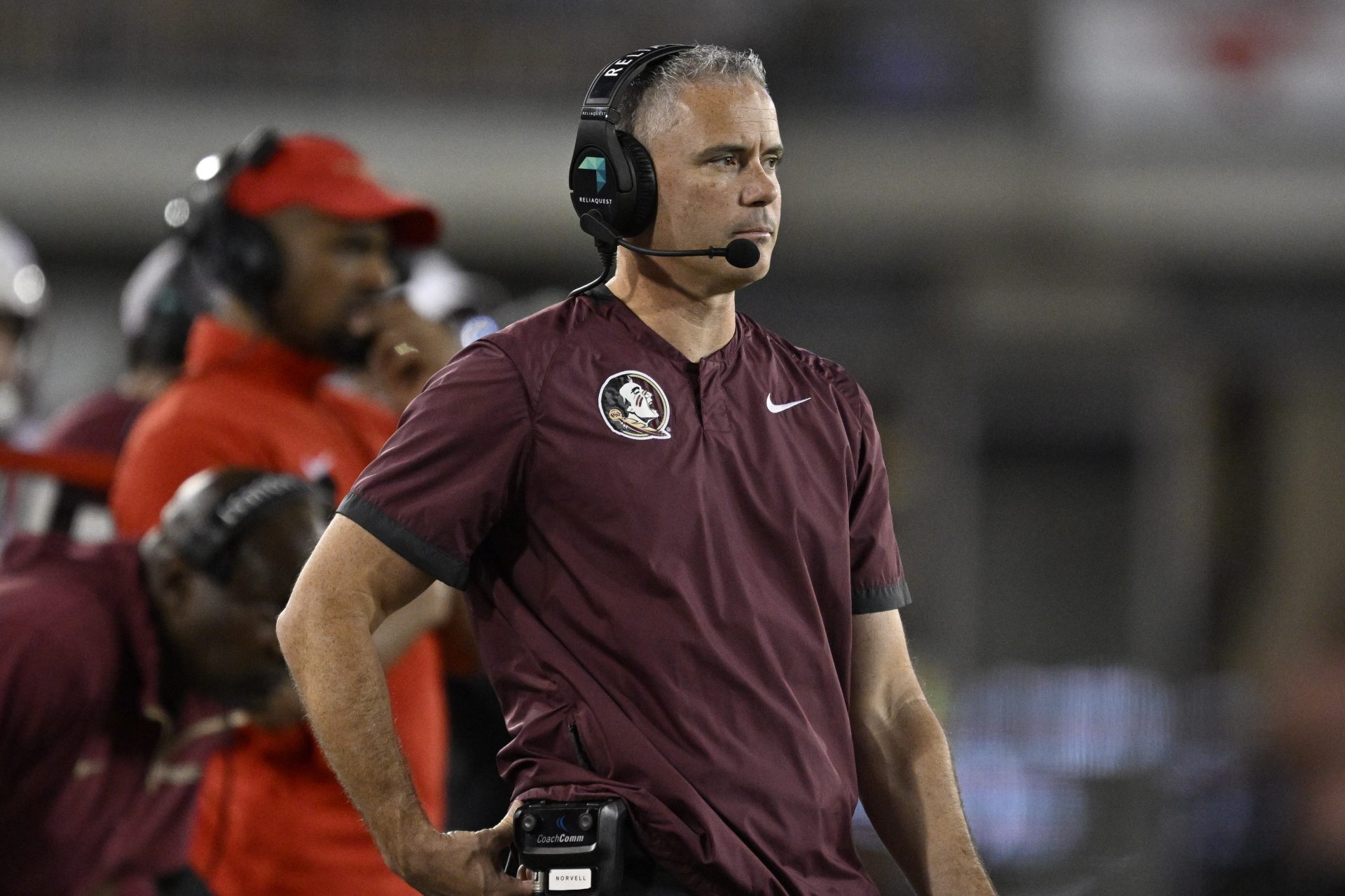 Florida State Seminoles head coach Mike Norvell during the game between the Southern Methodist Mustangs and the Florida State Seminoles at Gerald J. Ford Stadium.