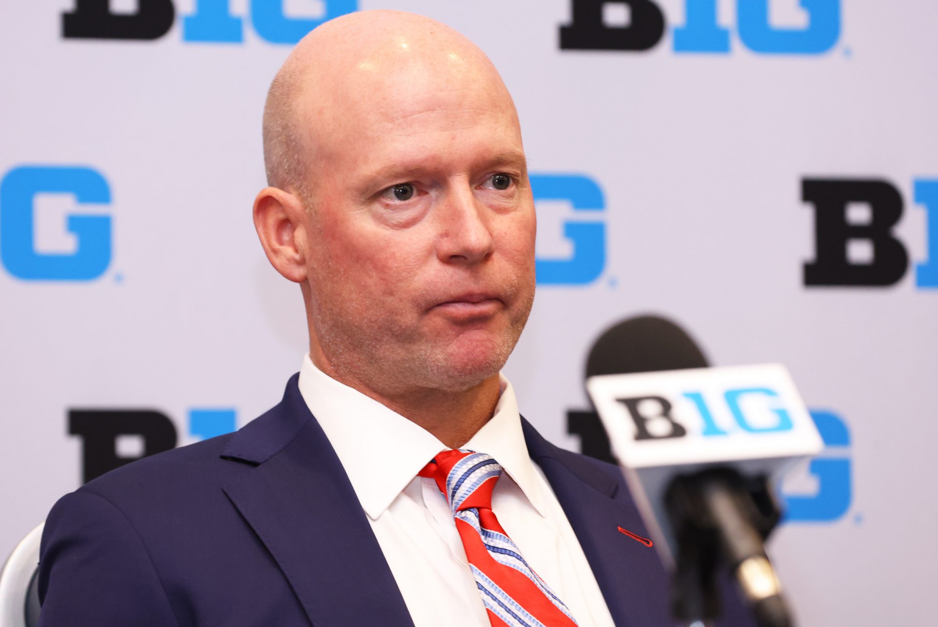 Maryland head coach Kevin Willar takes a question at the podium during the 2024 Big Ten Mens Basketball media day at Donald E. Stephens Convention Center.