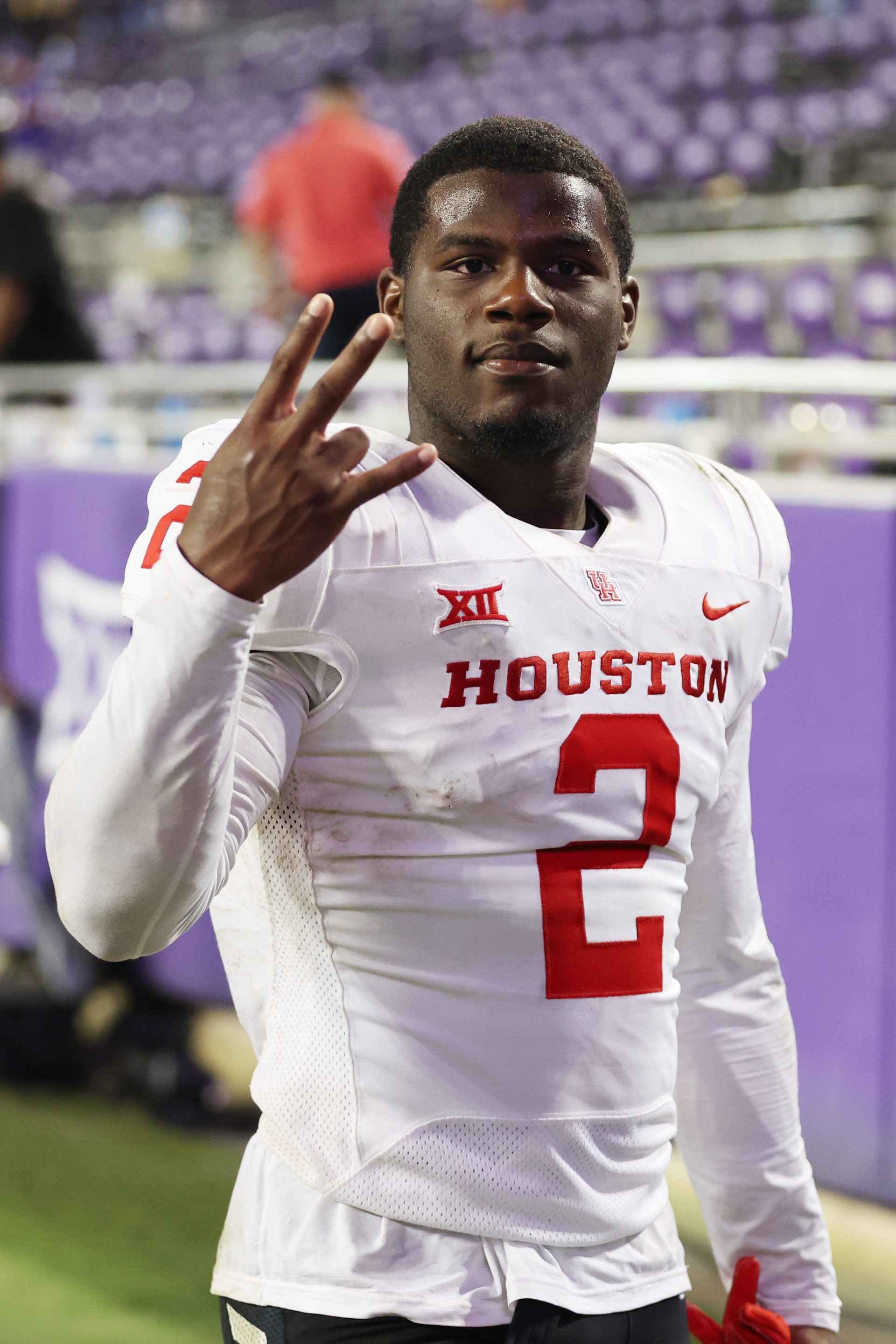 Houston Cougars defensive back A.J. Haulcy (2) walks off the field after the game against the TCU Horned Frogs at Amon G. Carter Stadium.