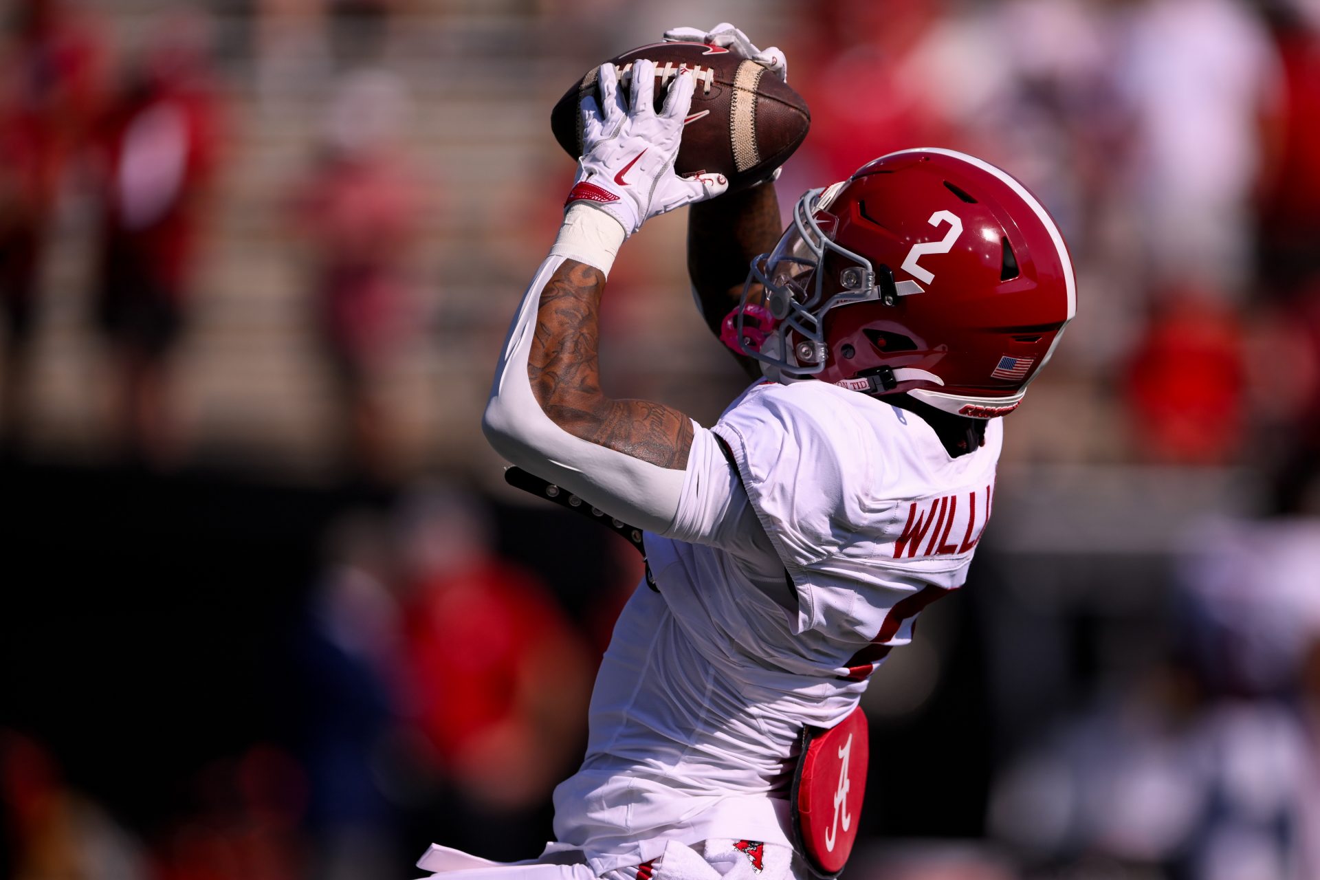 Alabama Crimson Tide wide receiver Ryan Williams (2) makes a catch during warmups against the Vanderbilt Commodores at FirstBank Stadium.