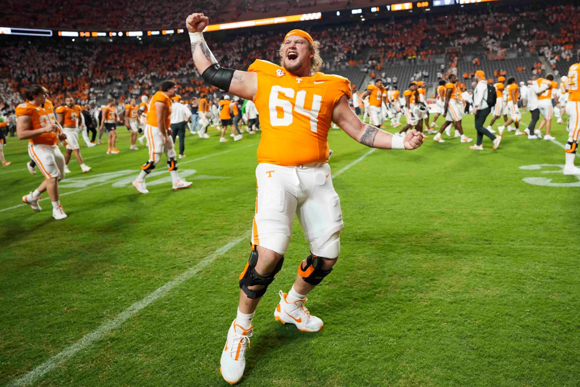 Tennessee Volunteers offensive lineman Ayden Bussell (64) reacts after a game against the Florida Gators at Neyland Stadium.