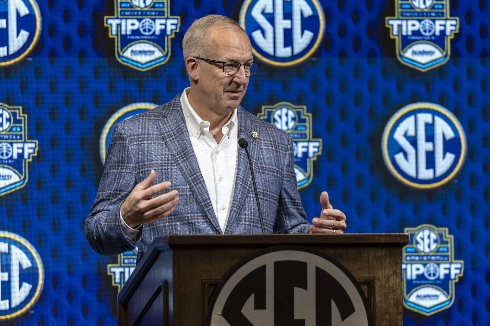 SEC commissioner Greg Sankey talks with the media during SEC Media Days at Grand Bohemian Hotel.