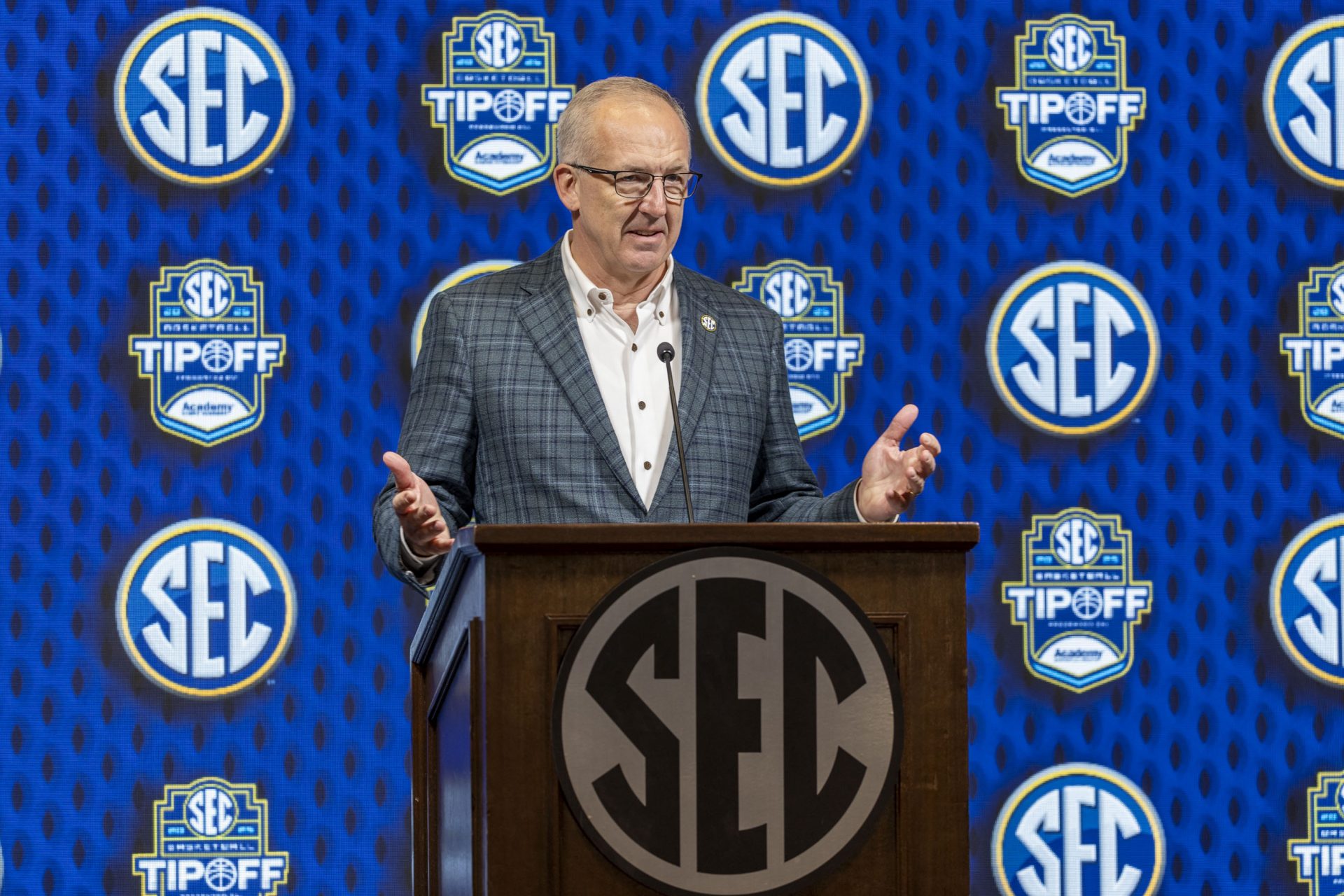SEC commissioner Greg Sankey talks with the media during SEC Media Days at Grand Bohemian Hotel.