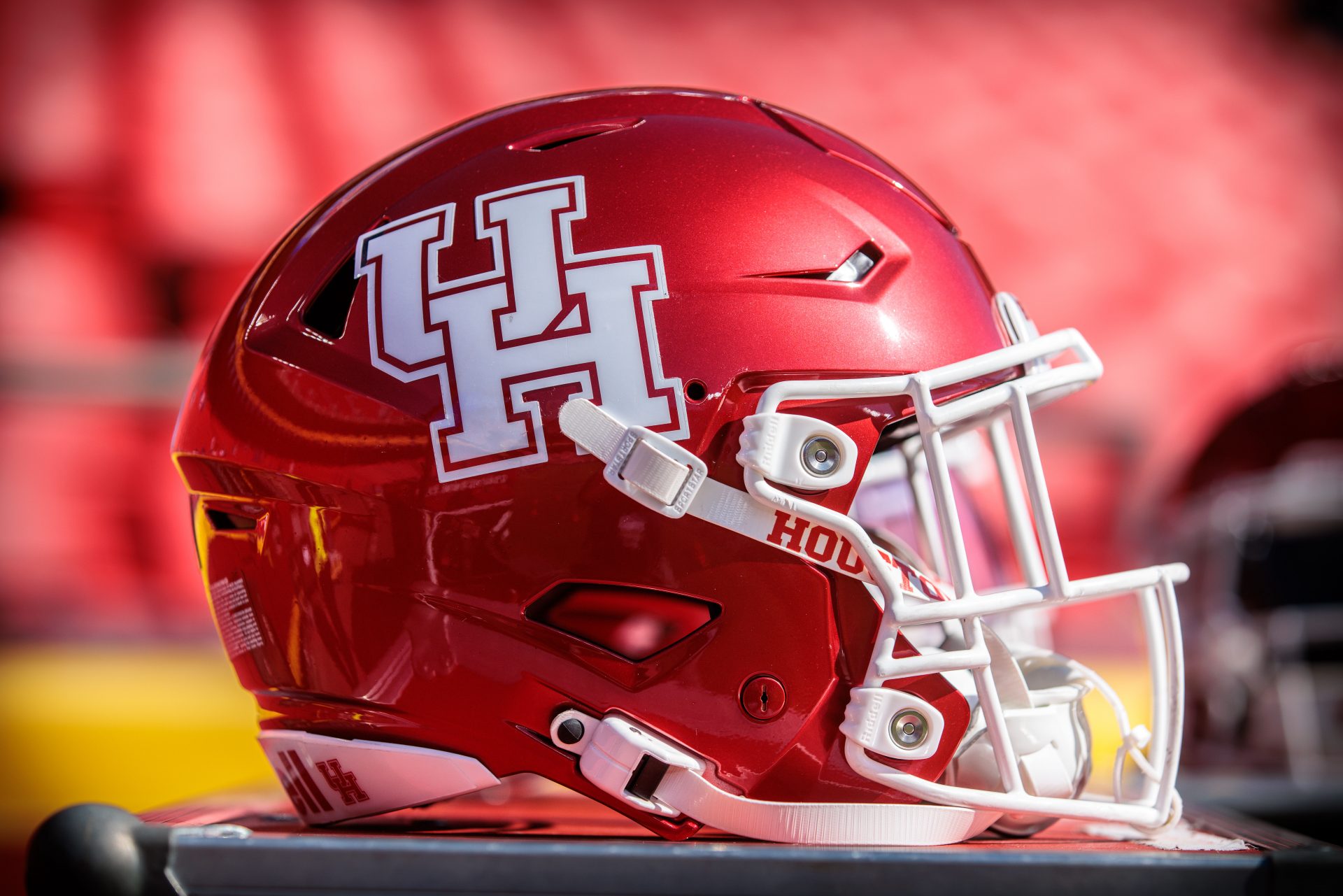 Houston Cougars helmet on the sidelines prior to the game against the Kansas Jayhawks at GEHA Field at Arrowhead Stadium.