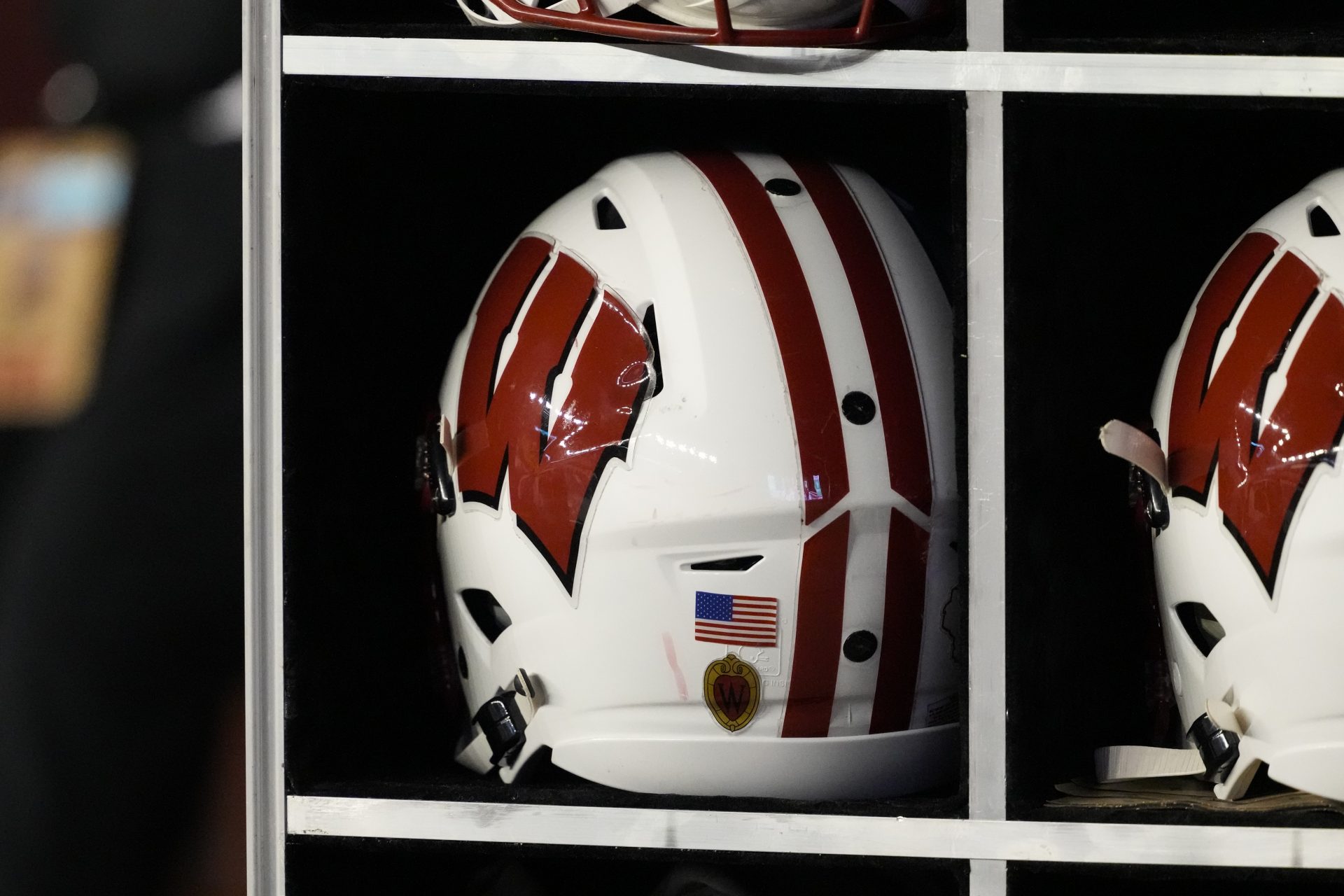 General view of a Wisconsin Badgers helmet on the sidelines during the game against the Penn State Nittany Lions at Camp Randall Stadium.