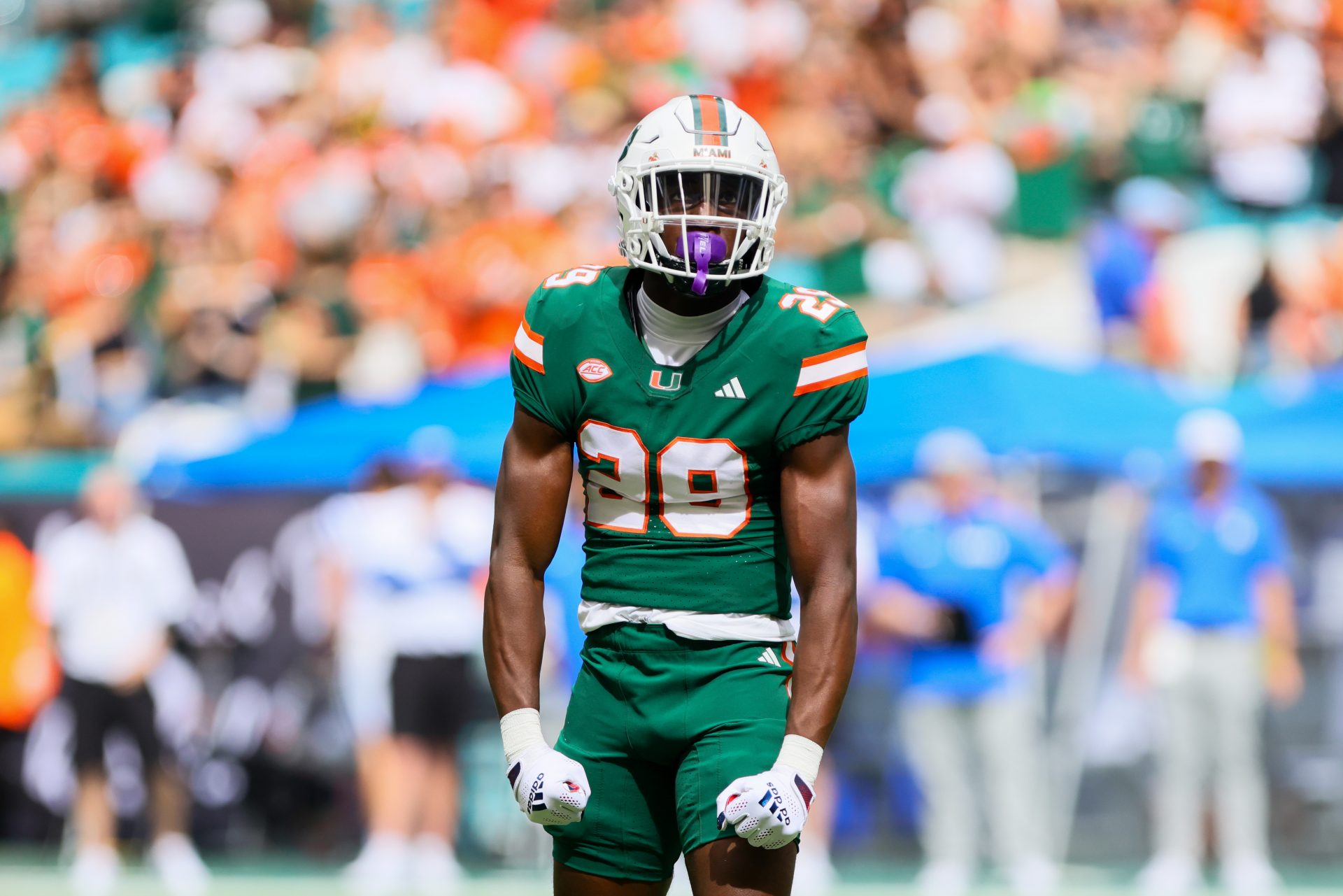 Miami Hurricanes defensive back OJ Frederique Jr. (29) reacts after breaking pass  against the Duke Blue Devils during the first quarter at Hard Rock Stadium.