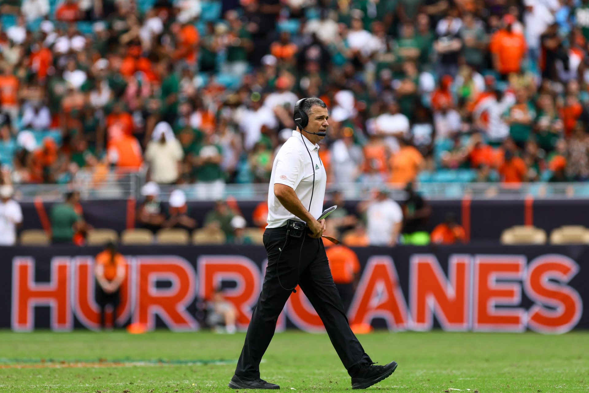 Miami Hurricanes head coach Mario Cristobal looks on from the field against the Duke Blue Devils during the fourth quarter at Hard Rock Stadium.