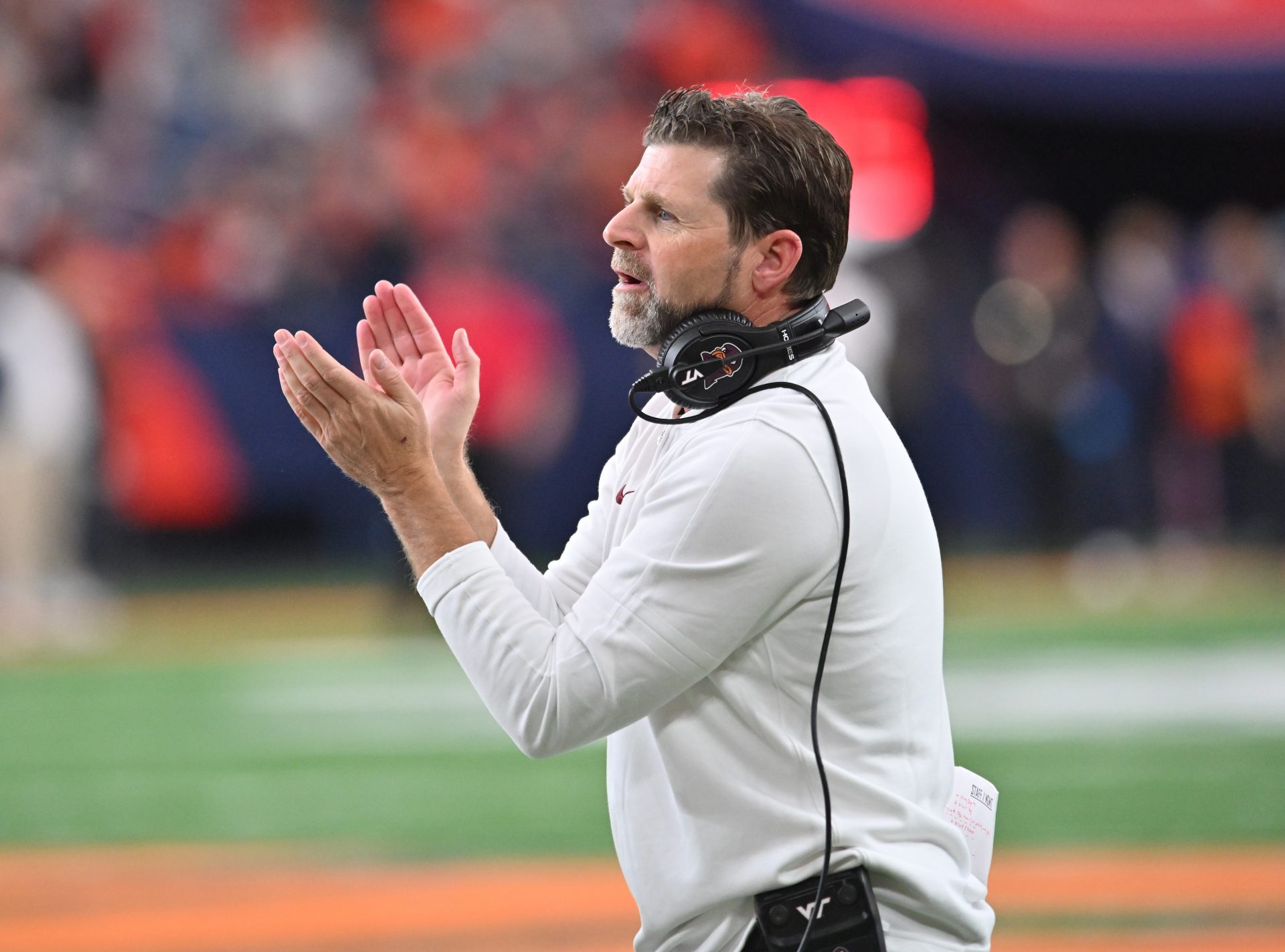 Virginia Tech Hokies head coach Brent Pry reacts to a play against the Syracuse Orange in the third quarter at JMA Wireless Dome.