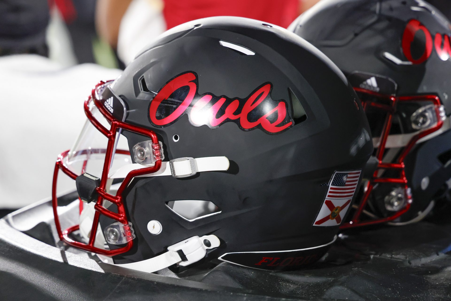 Florida Atlantic Owls helmets on the bench during the second half against the South Florida Bulls at FAU Stadium.