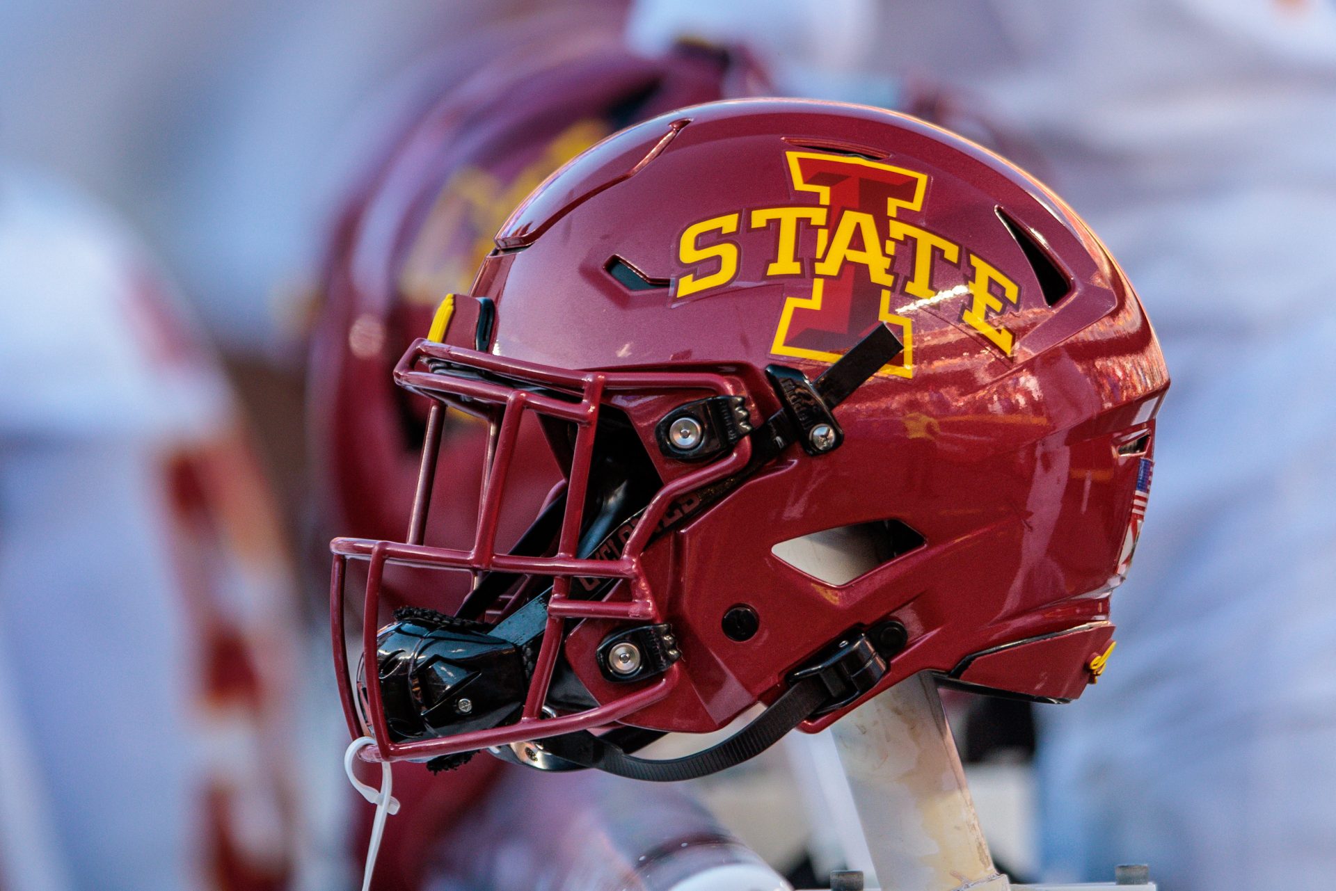 Iowa State Cyclones helmets on the bench during the first quarter against the Kansas Jayhawks at GEHA Field at Arrowhead Stadium.