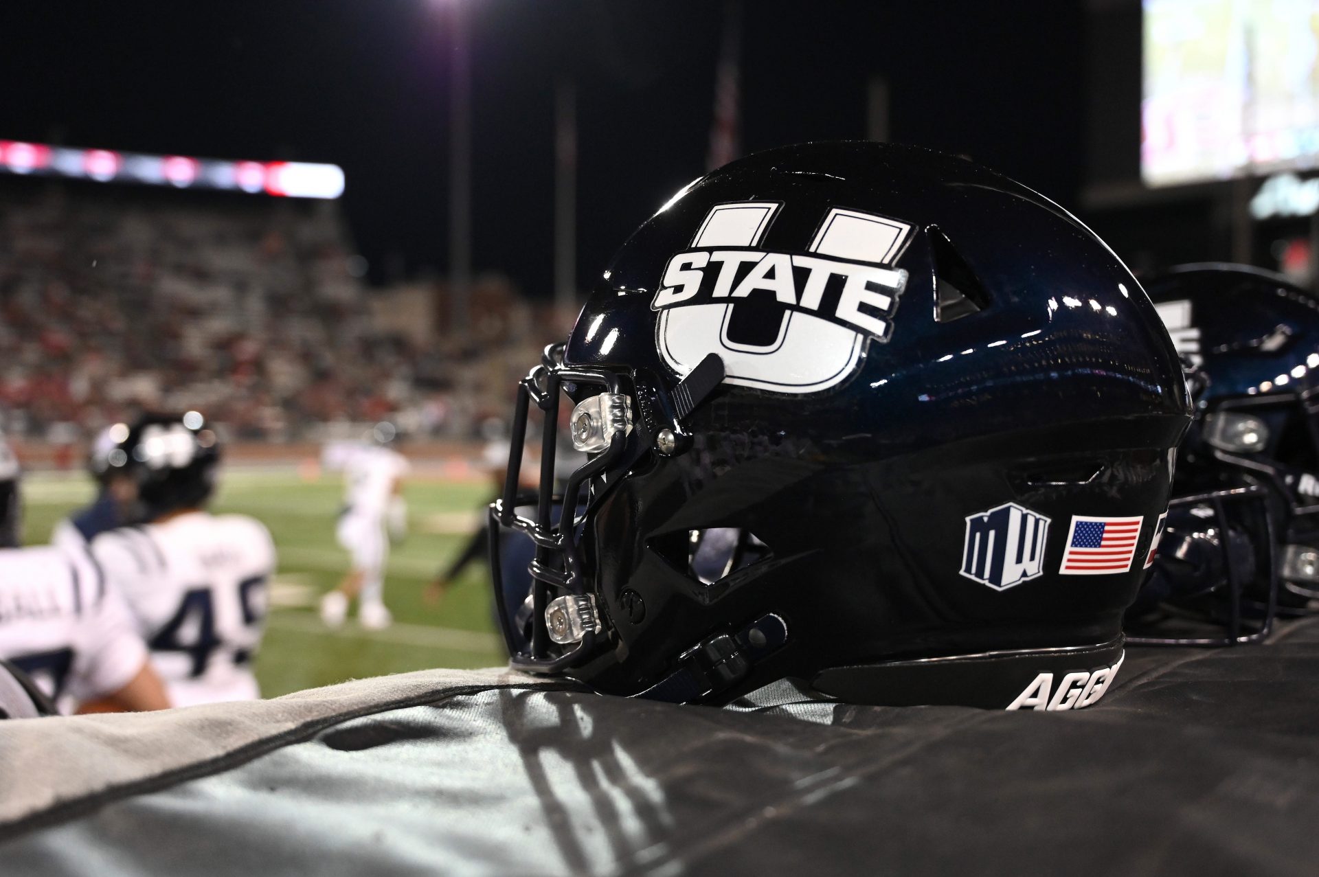 Utah State Aggies helmet sits during a game against the Washington State Cougars in the second half at Gesa Field at Martin Stadium.