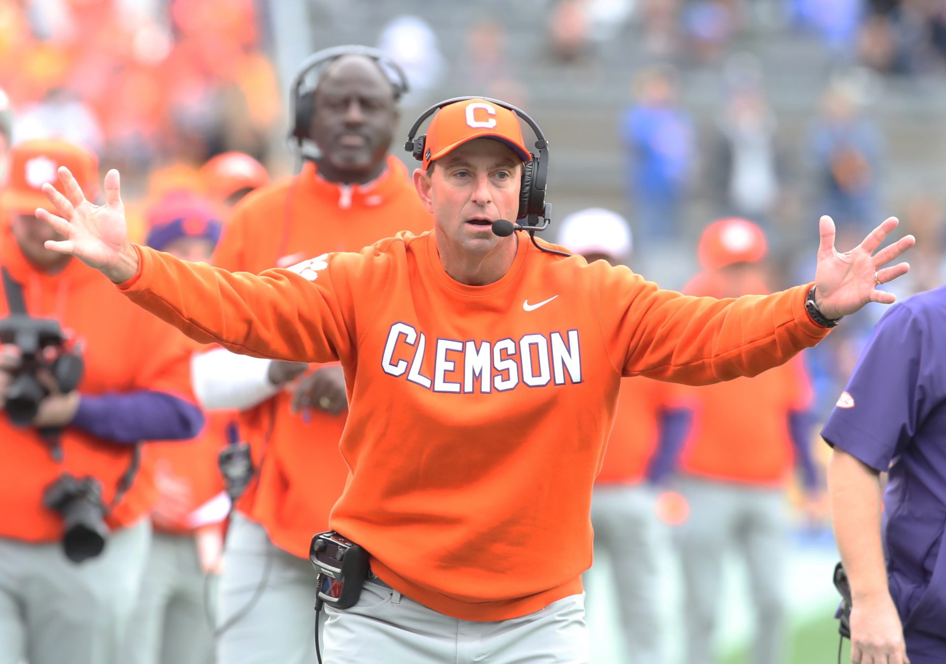 Clemson Tigers head coach Dabo Swinney reacts to a Tigers penalty against the Pittsburgh Panthers during the first quarter at Acrisure Stadium.