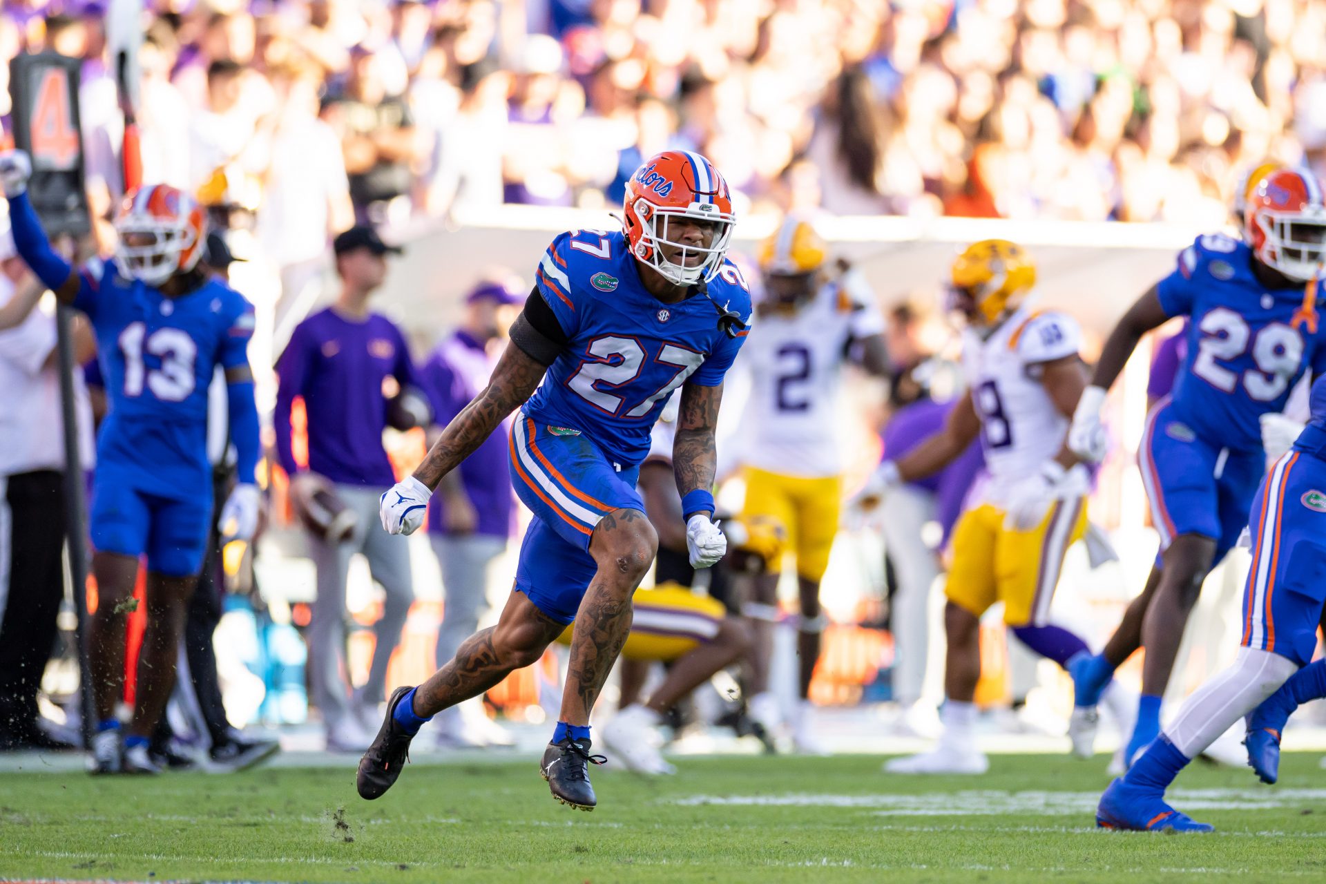 Florida Gators defensive back Dijon Johnson (27) celebrates after a defensive stop against the LSU Tigers during the first half at Ben Hill Griffin Stadium.