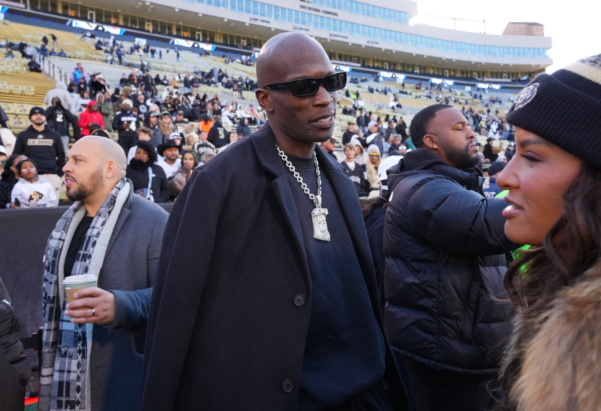 Retired American football player Chad Johnson on the sidelines before the game between the Utah Utes against the Colorado Buffaloes at Folsom Field.