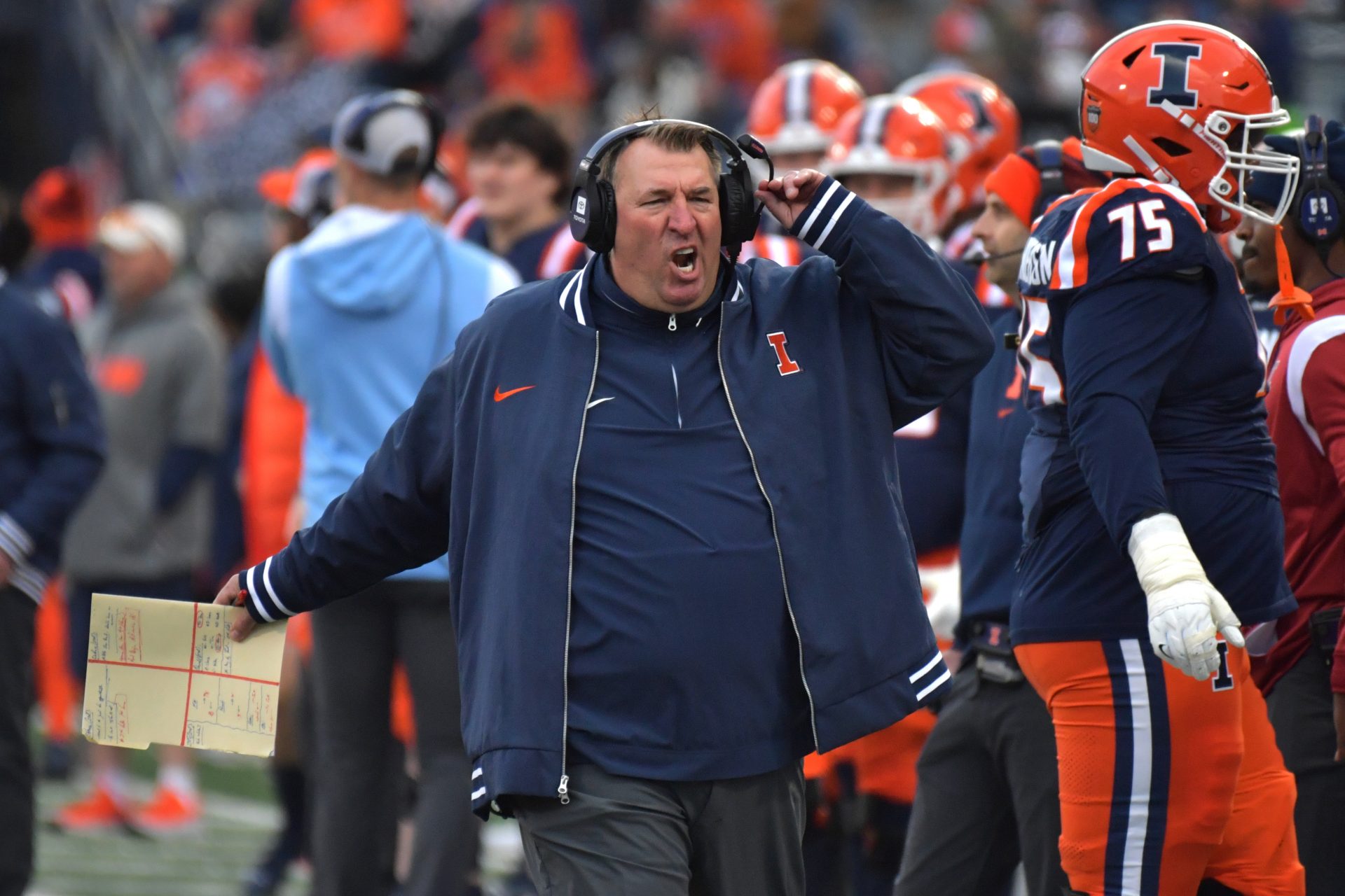 llinois Fighting Illini head coach Bret Bielema reacts during the second half against the Michigan State Spartans at Memorial Stadium.
