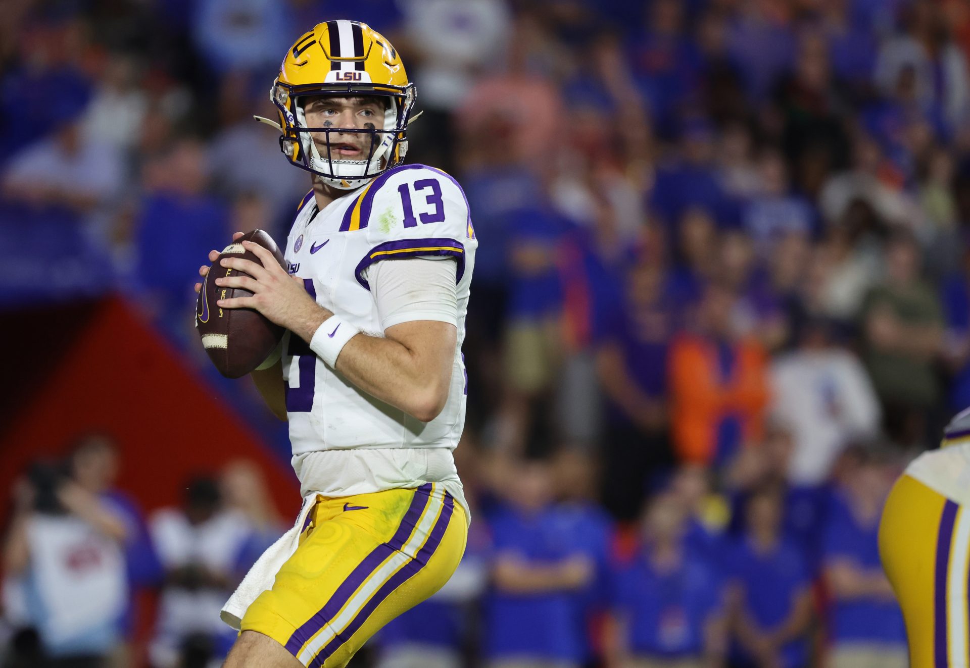 LSU Tigers quarterback Garrett Nussmeier (13) drops back against the Florida Gators during the second half at Ben Hill Griffin Stadium.