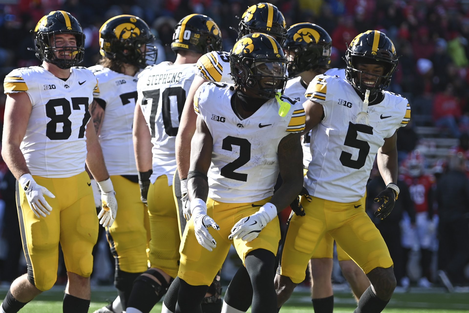 Iowa Hawkeyes running back Kaleb Johnson (2) celebrates after scoring a touchdown during the first half against the Maryland Terrapins at SECU Stadium.