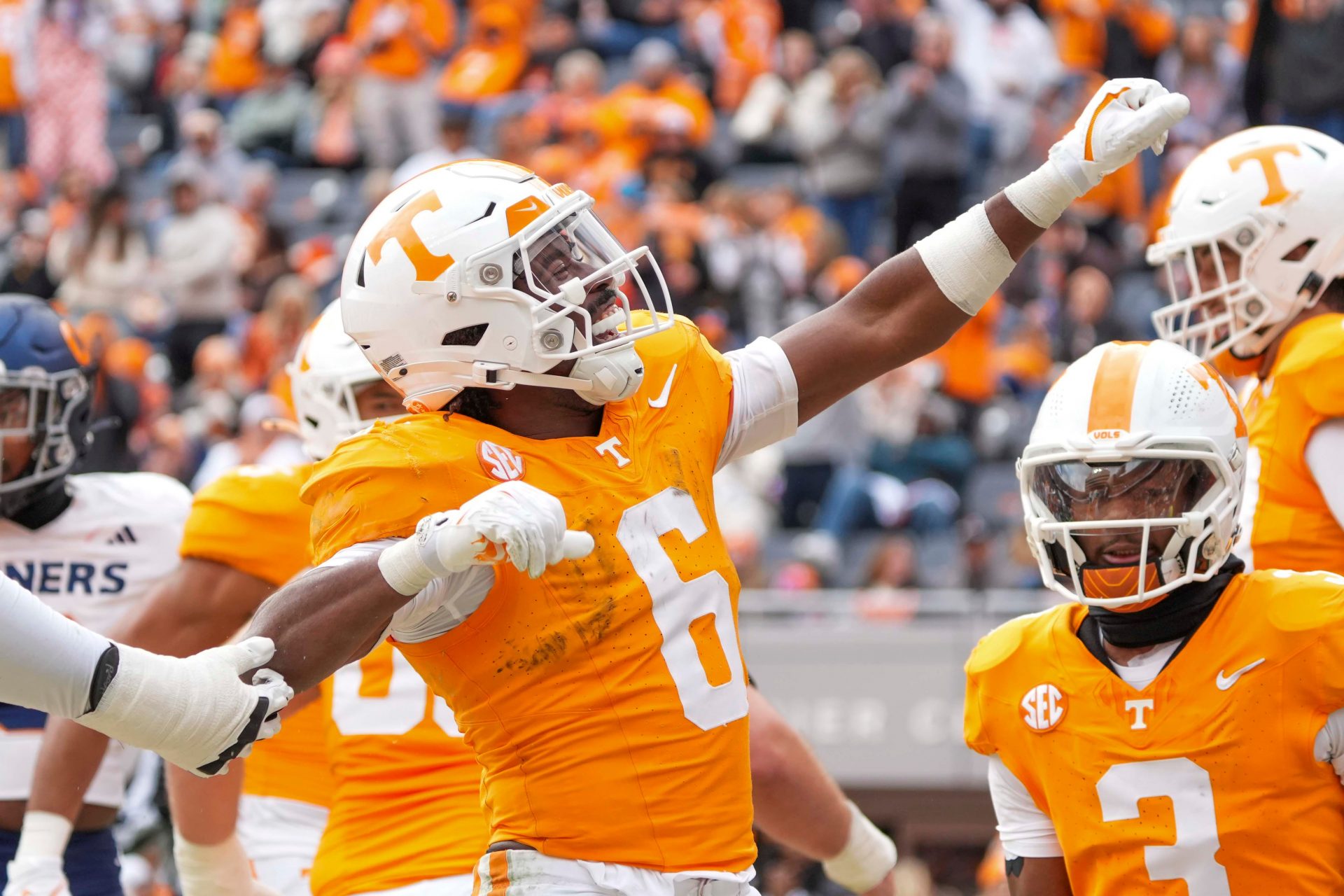 Tennessee Volunteers running back Dylan Sampson (6) celebrates after scoring a touchdown against the UTEP Miners during the first half at Neyland Stadium.