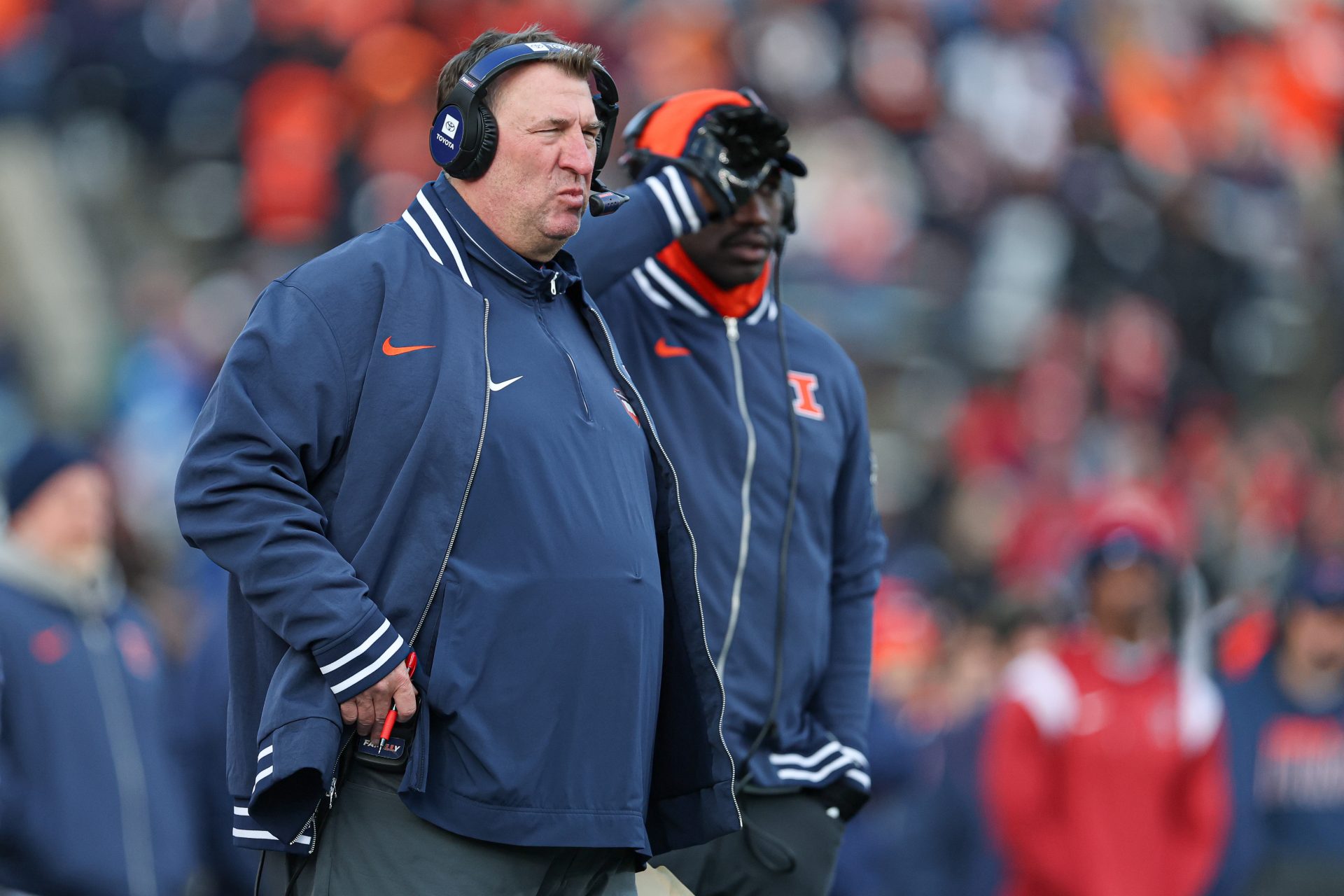 Illinois Fighting Illini head coach Bret Bielema looks on during the second half against the Rutgers Scarlet Knights at SHI Stadium.