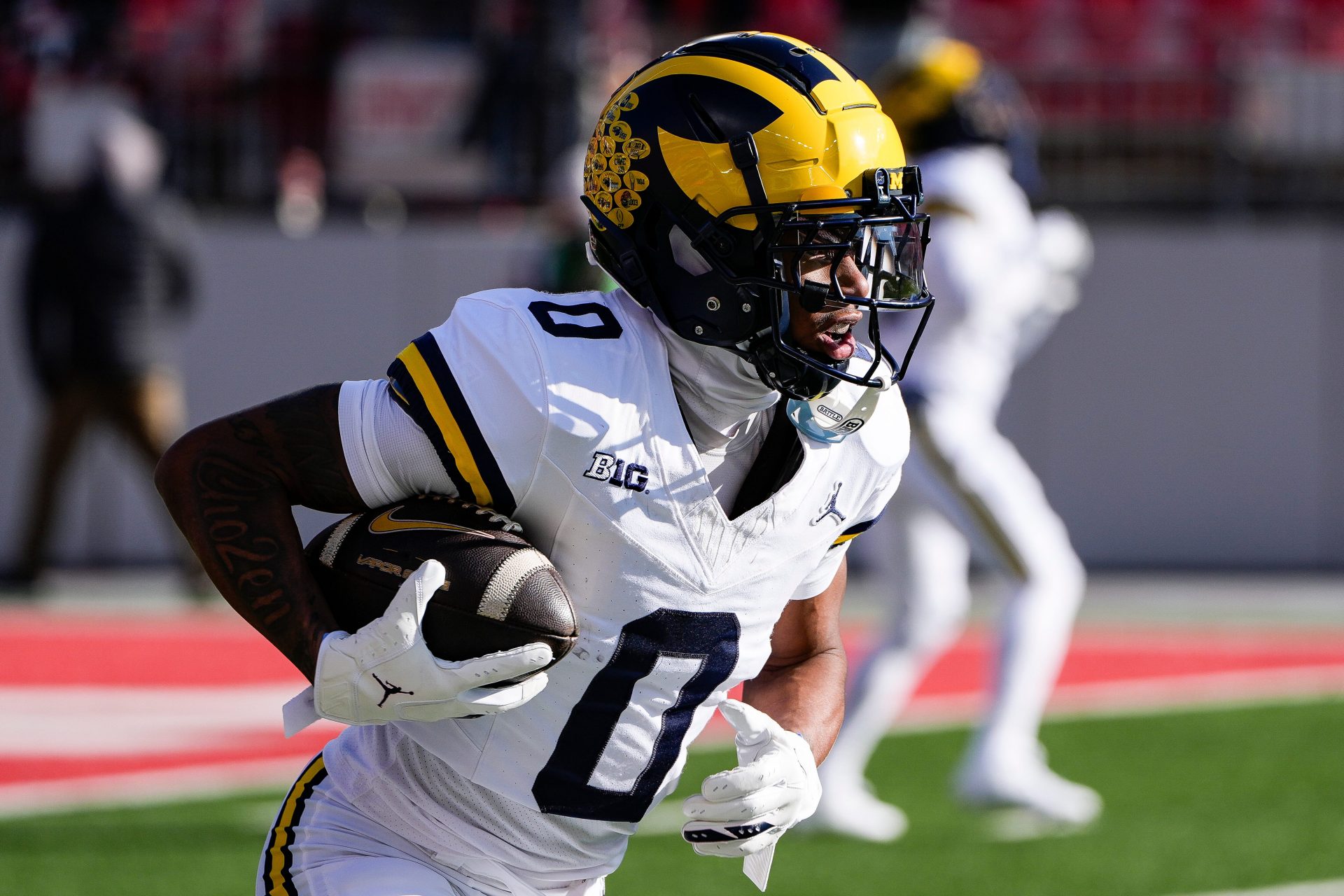 Michigan wide receiver Semaj Morgan (0) warm up before the game between Ohio State and Michigan at Ohio Stadium in Columbus, Ohio on Saturday, Nov. 30, 2024.