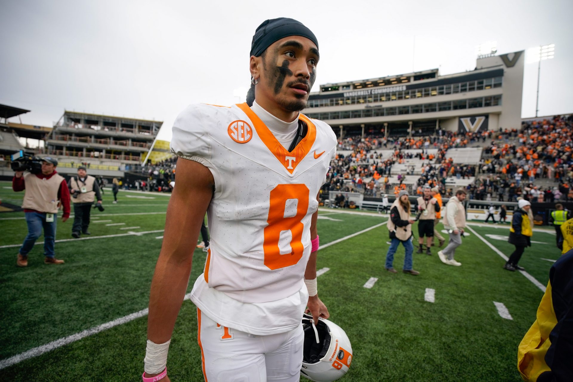 Tennessee quarterback Nico Iamaleava (8) exits the field after the game at FirstBank Stadium in Nashville, Tenn., Saturday, Nov. 30, 2024.