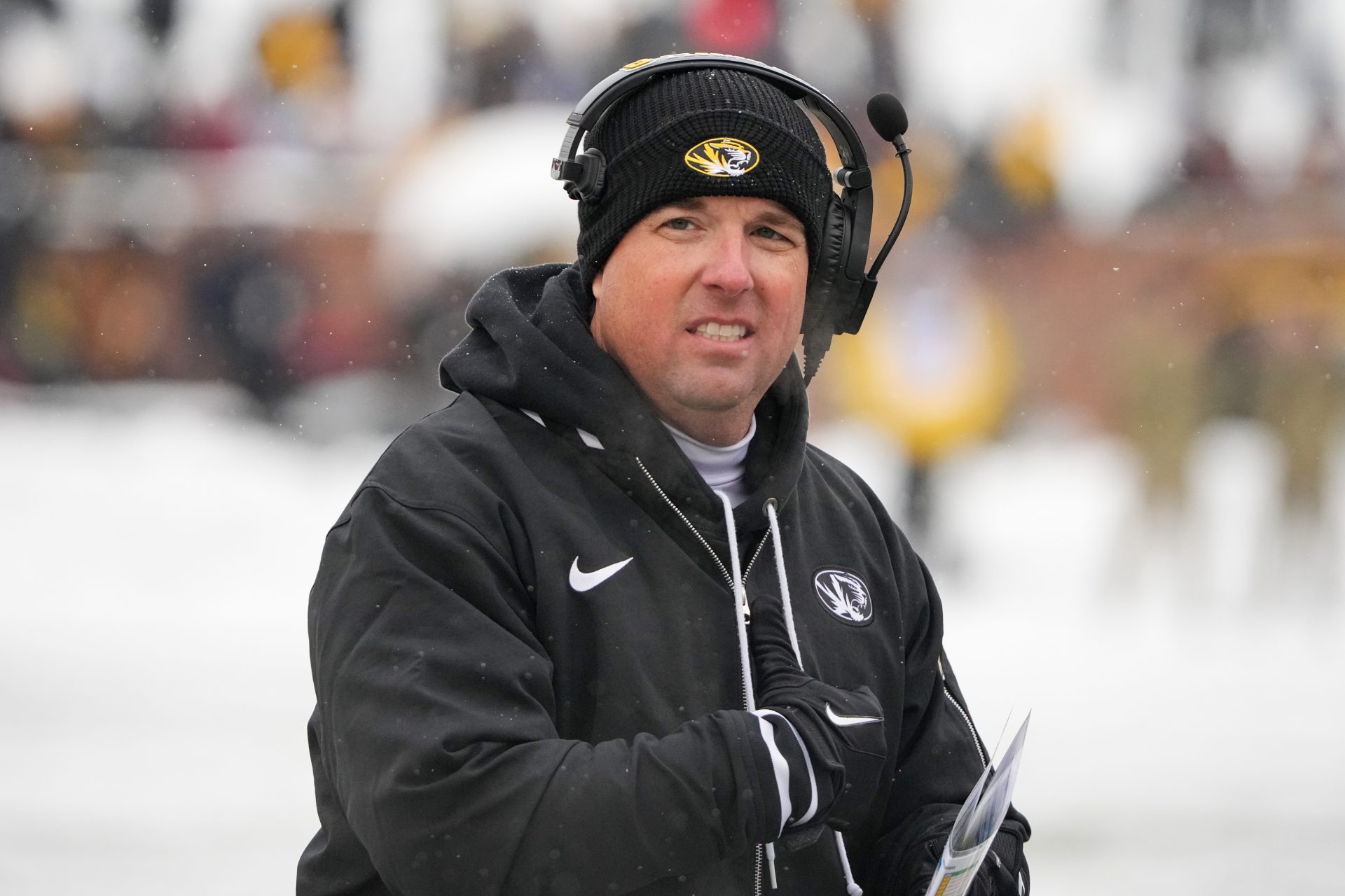 Missouri Tigers head coach Eli Drinkwitz watches play against the Arkansas Razorbacks during the first half at Faurot Field at Memorial Stadium.