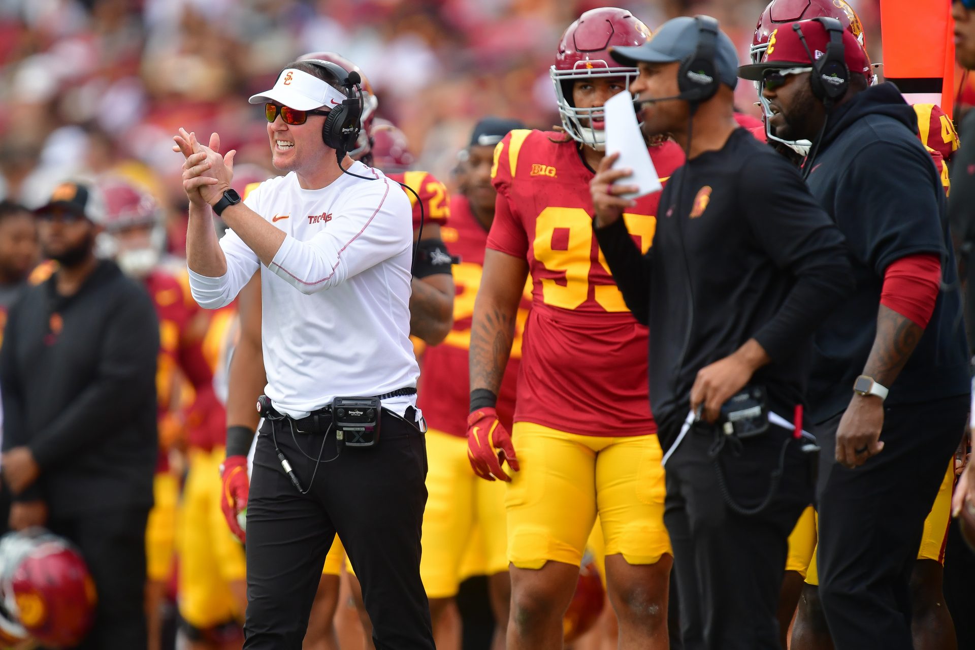 Southern California Trojans head coach Lincoln Riley watches game action against the Notre Dame Fighting Irish during the first half at the Los Angeles Memorial Coliseum.