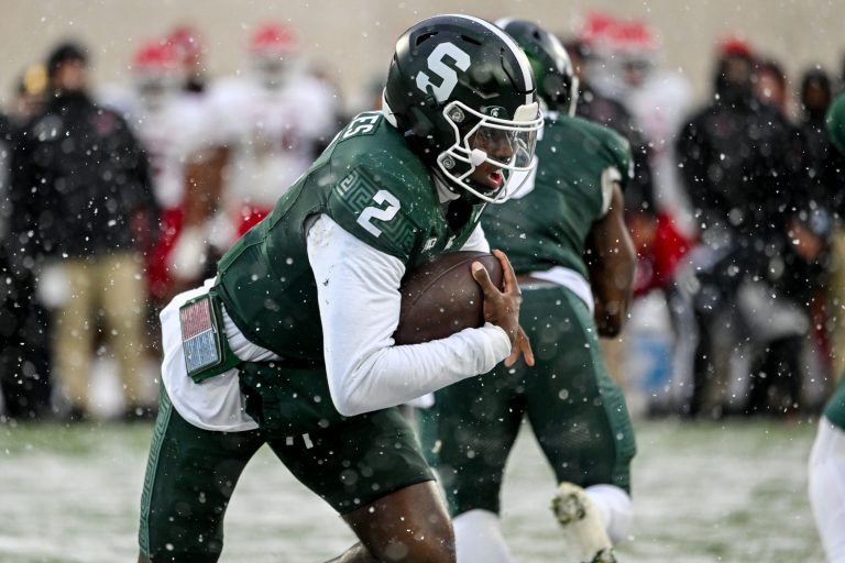 Michigan State's Aidan Chiles runs the ball against Rutgers during the first quarter on Saturday, Nov. 30, 2024, at Spartan Stadium in East Lansing.