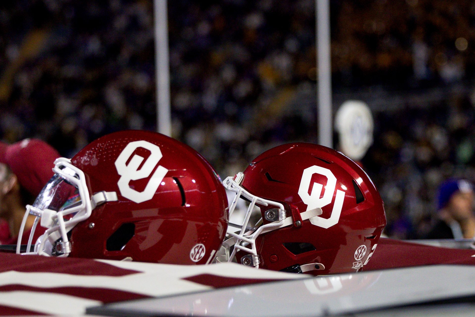 Detailed view of the Oklahoma Sooners helmets on a time out against the LSU Tigers during the second quarter at Tiger Stadium.
