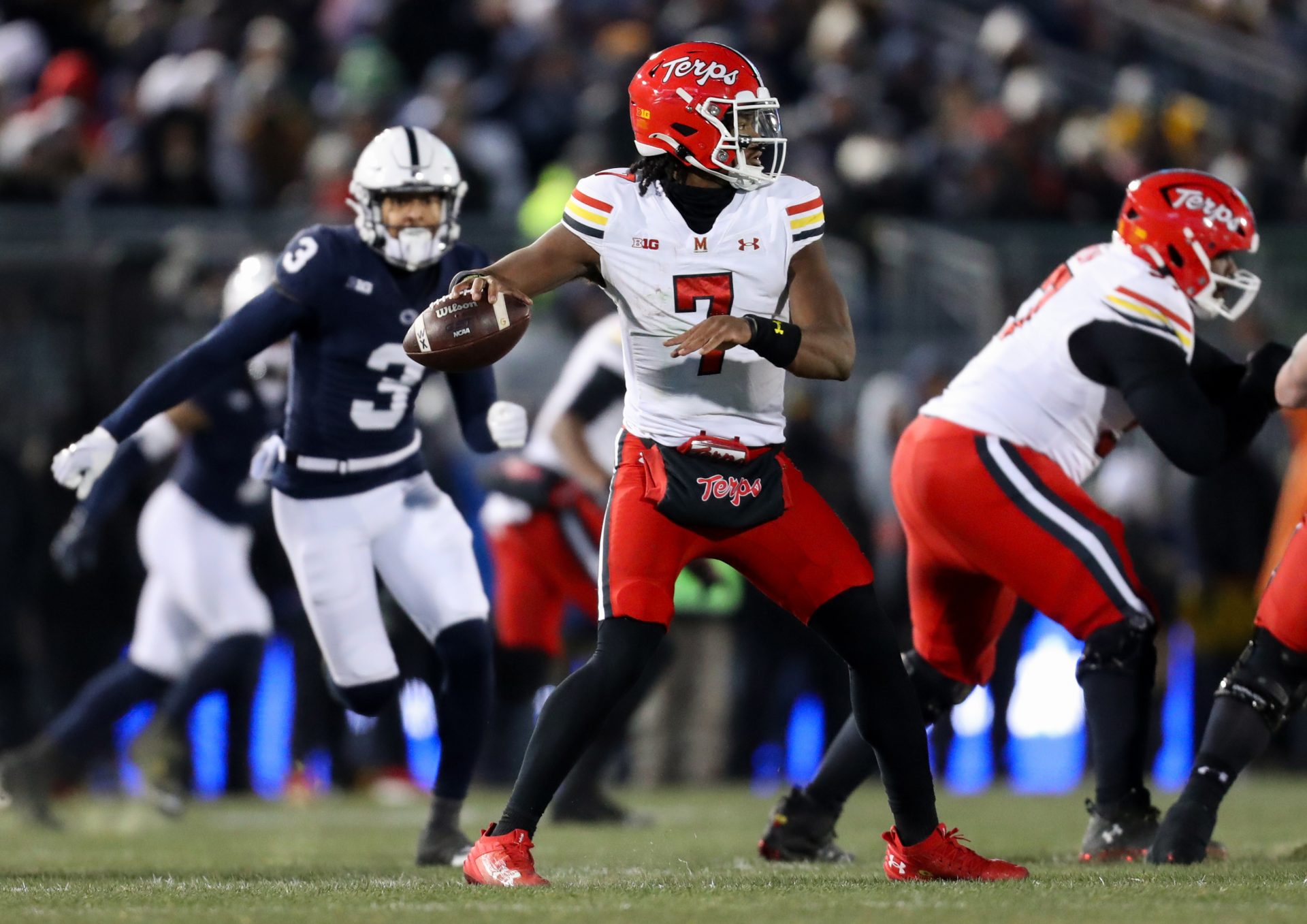 Maryland Terrapins quarterback MJ Morris (7) throws a pass against the Penn State Nittany Lions during the second quarter at Beaver Stadium. Penn State won 44-7.