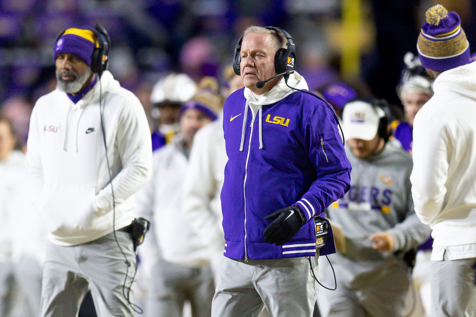 LSU Tigers head coach Brian Kelly looks on against the Oklahoma Sooners during the fourth quarter at Tiger Stadium.