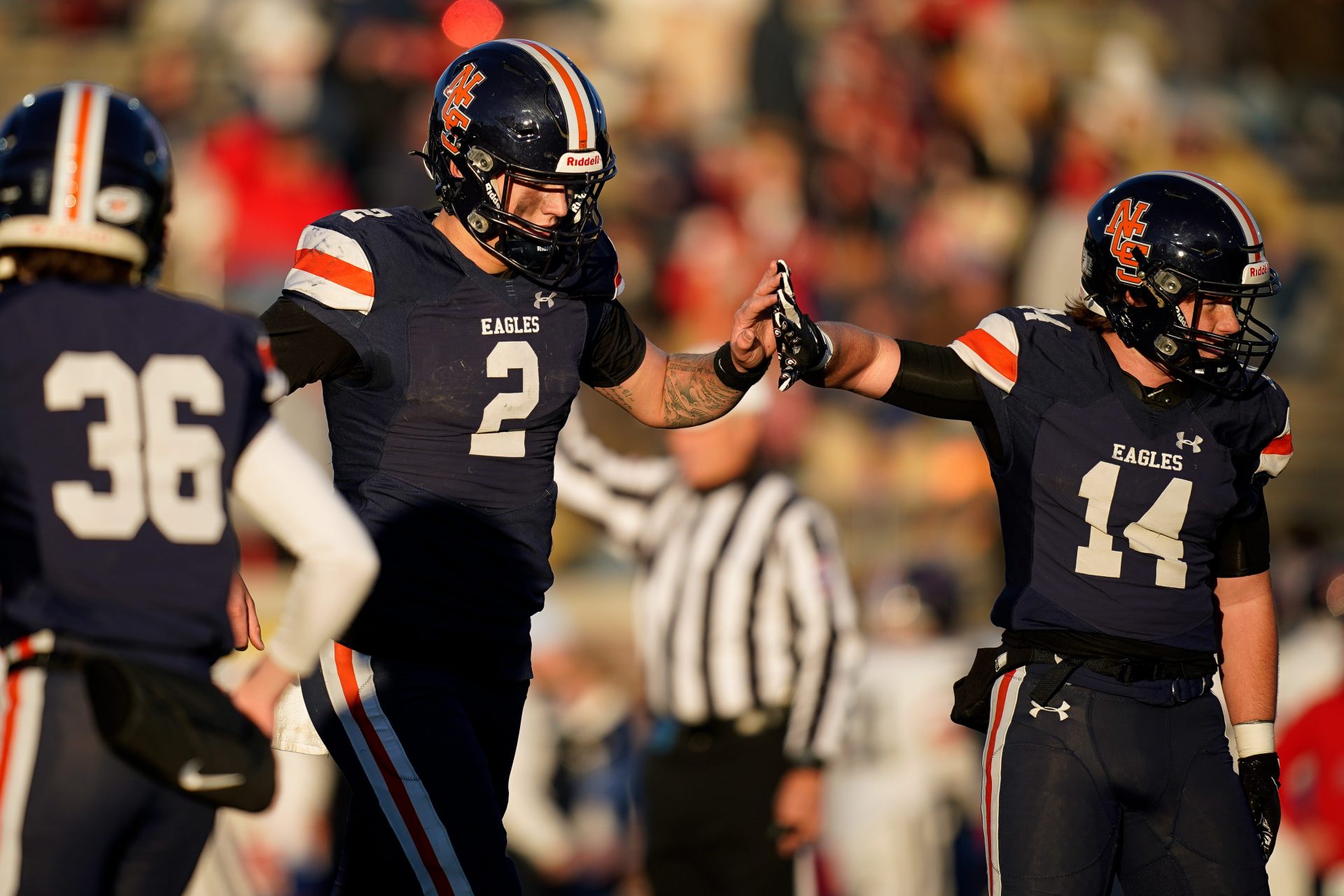 Nashville Christian's Jared Curtis (2) celebrates his touchdown against Columbia Academy with Zane Crampton (14) during the third quarter of the Division II-A championship game