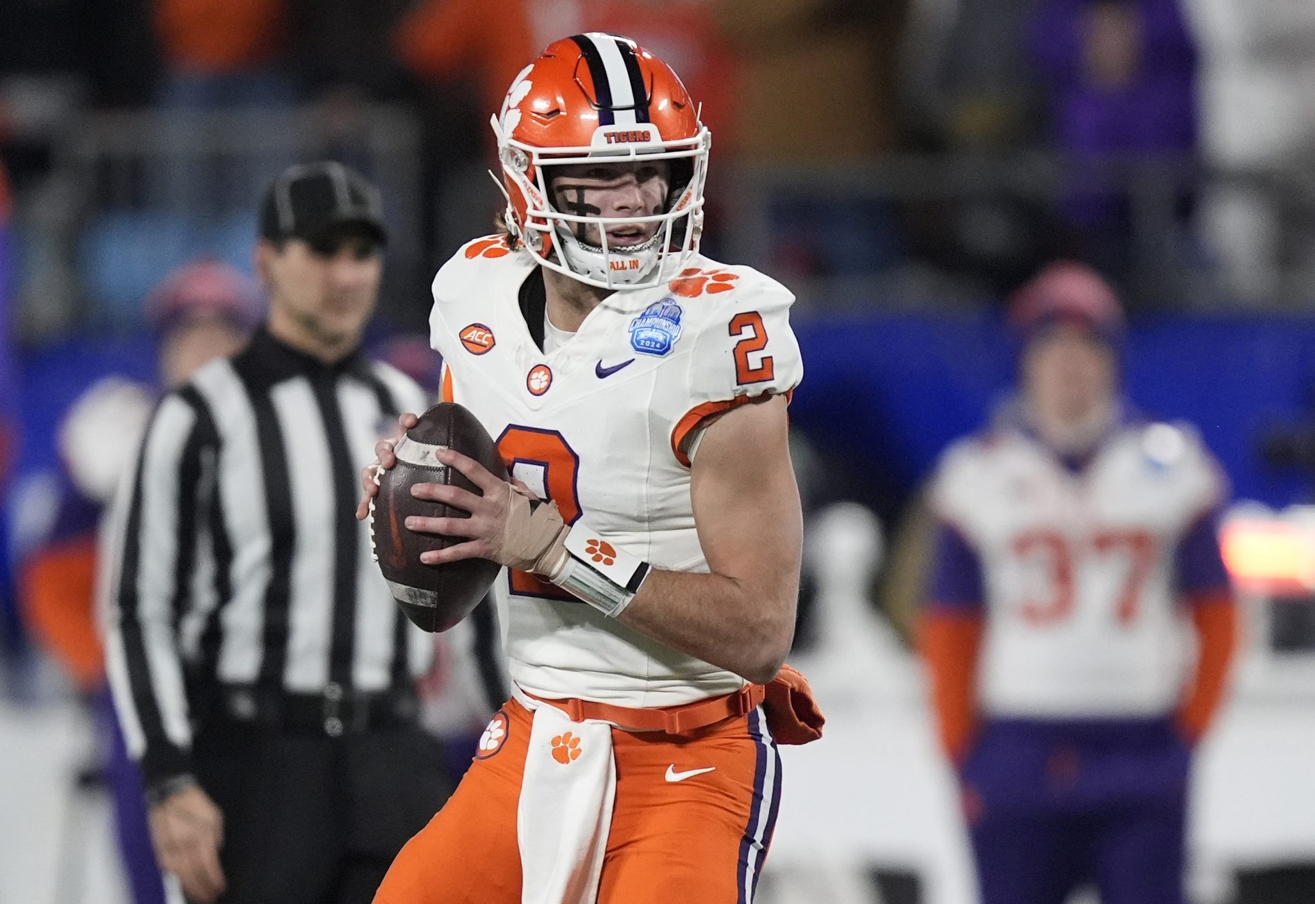 Clemson Tigers quarterback Cade Klubnik (2) drops to throw during the second quarter against the Southern Methodist Mustangs in the 2024 ACC Championship game at Bank of America Stadium.