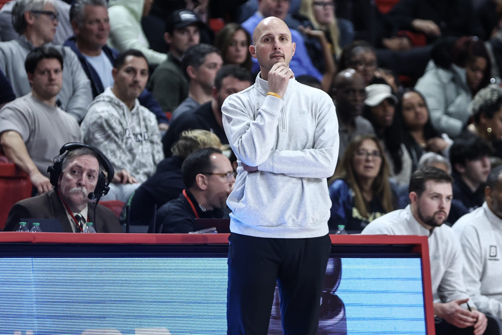Bryant University Bulldogs head coach Phil Martelli Jr watches from the sidelines in the second half against the St. John's Red Storm at Carnesecca Arena.