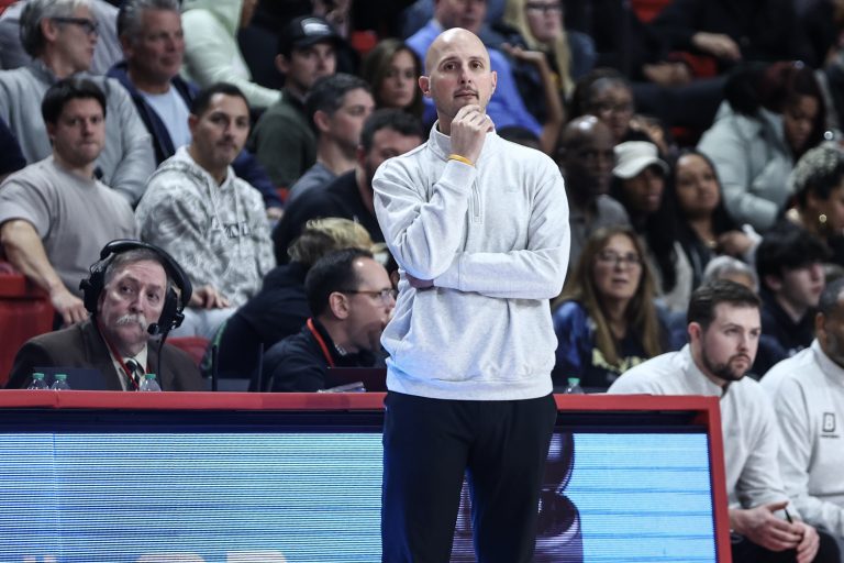 Bryant University Bulldogs head coach Phil Martelli Jr watches from the sidelines in the second half against the St. John's Red Storm at Carnesecca Arena.