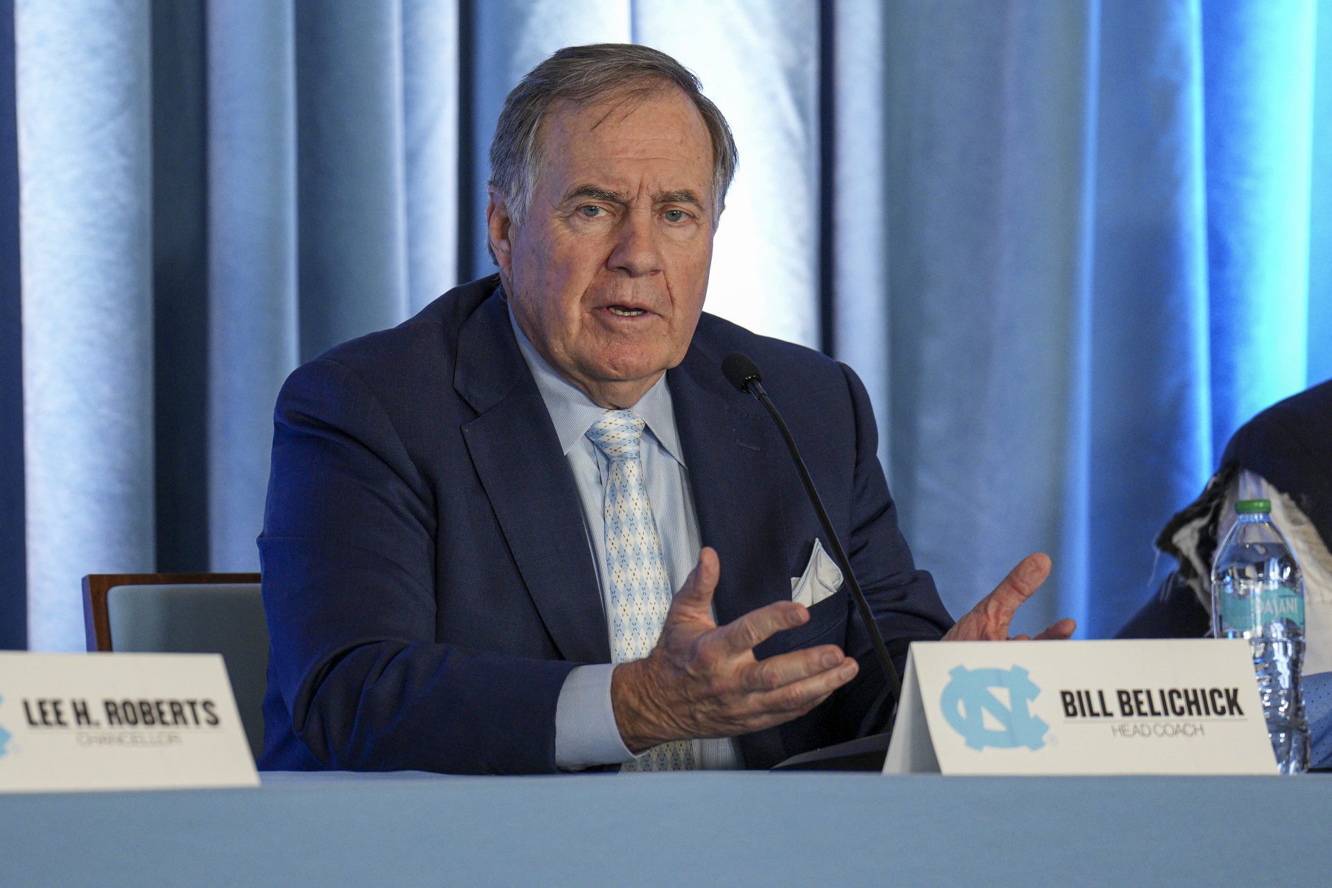 North Carolina Tar Heels new head coach Bill Belichick speaks to those attending his hiring announcement  at Loudermilk Center for Excellence.