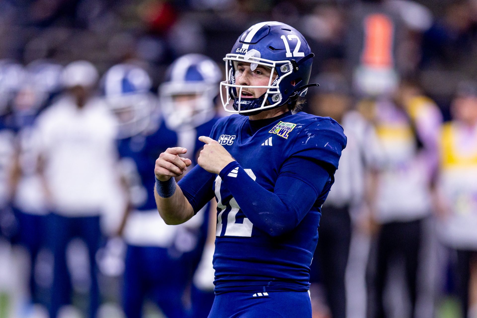 Georgia Southern Eagles quarterback JC French (12) looks over at the sidelines against the Sam Houston State Bearkats during the first half at Caesars Superdome.