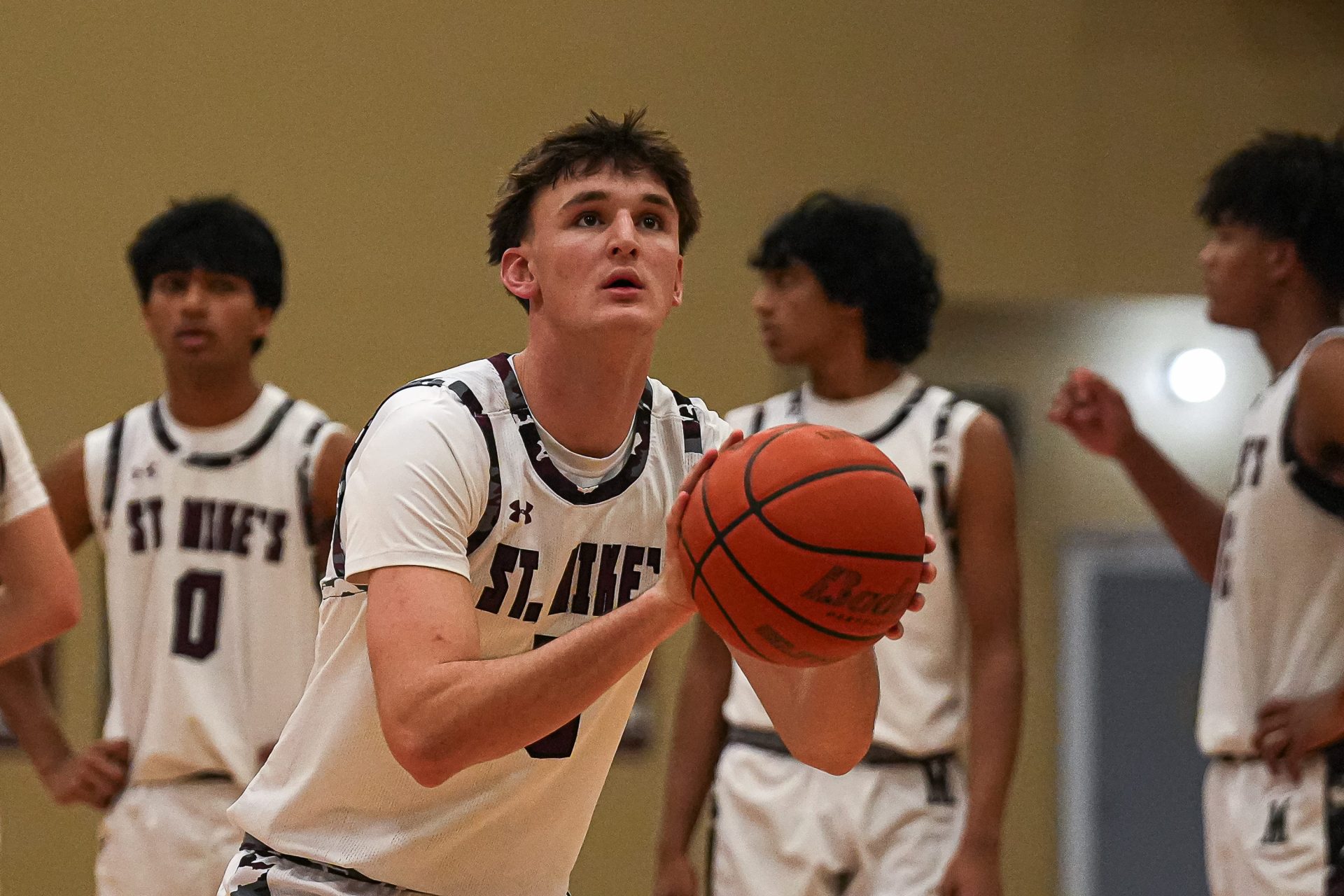 St. Michael's guard Bo Ogden (5) shoots a free throw during the game against LASA at St. Michael's Athletic Center on Friday, Dec. 20, 2024 in Austin.