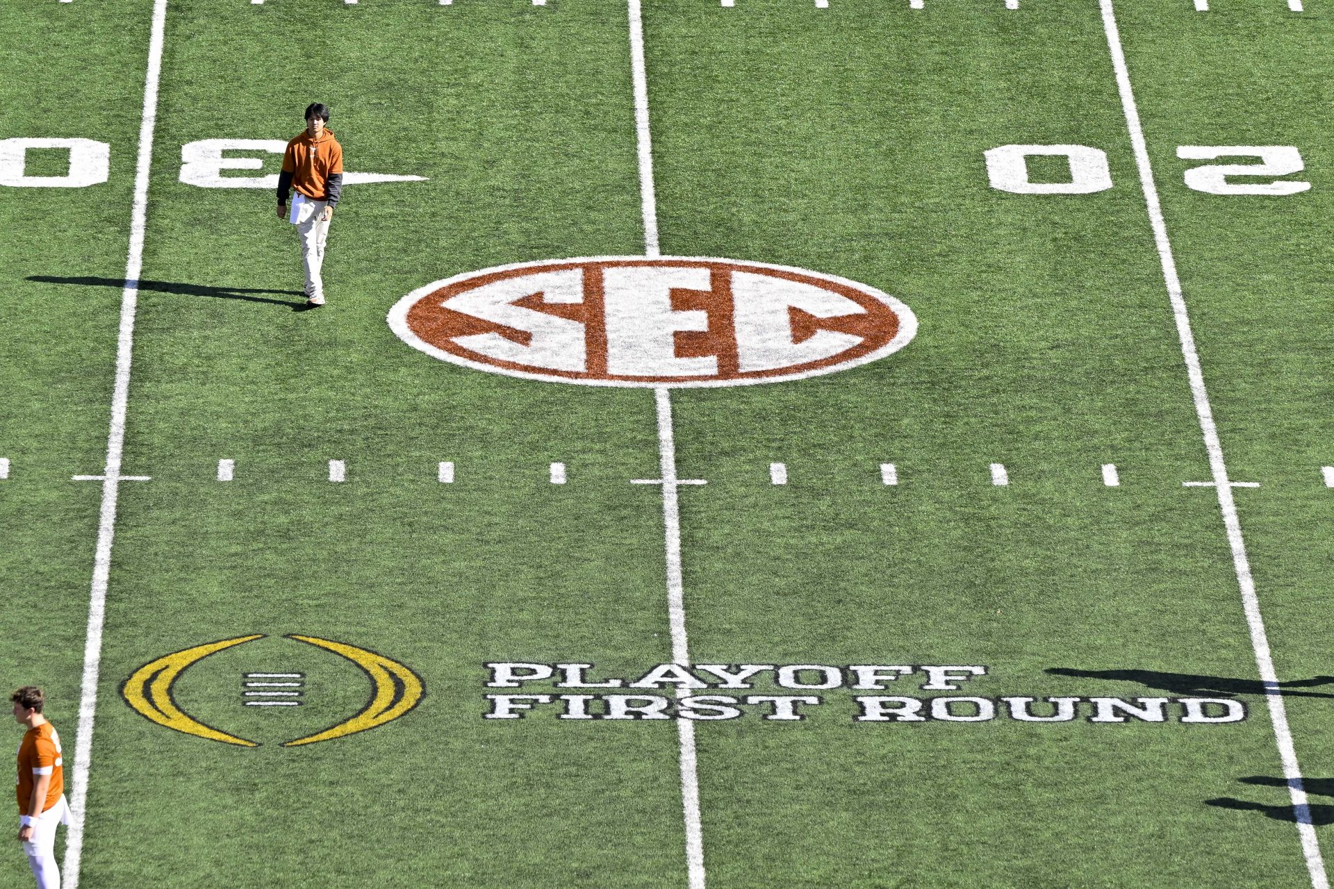 A general view of the field and the SEC logo and Playoff First Round logo before the game between the Texas Longhorns and the Clemson Tigers in the CFP National Playoff first round game at Darrell K Royal-Texas Memorial Stadium.