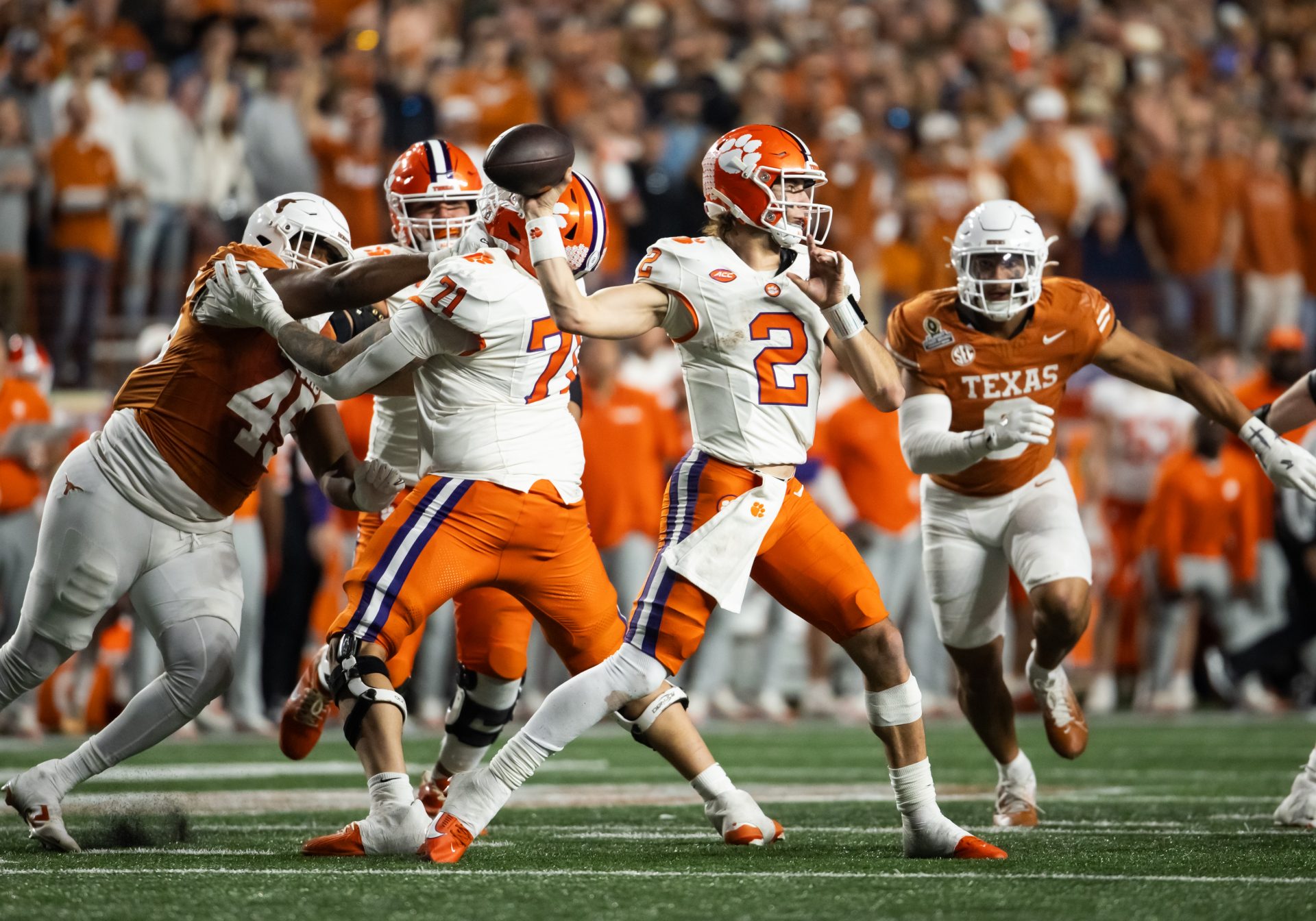 Clemson Tigers quarterback Cade Klubnik (2) against the Texas Longhorns during the second half of the CFP National playoff first round at Darrell K Royal-Texas Memorial Stadium.