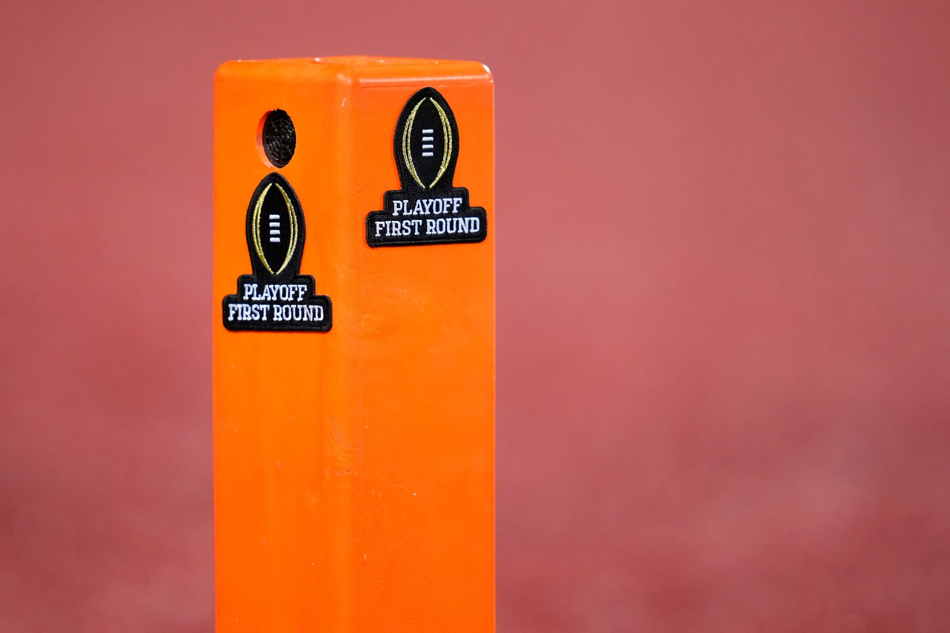 A pylon features College Football Playoff logos during the second half of the first round game between the Ohio State Buckeyes and the Tennessee Volunteers at Ohio Stadium in Columbus on Dec. 22, 2024. Ohio State won 42-17.