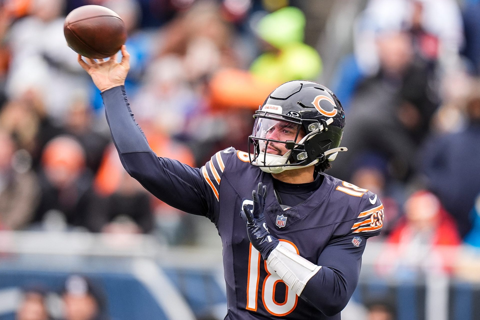 Chicago Bears quarterback Caleb Williams (18) makes a pass against Detroit Lions during the first half at Soldier Field in Chicago, Ill. on Sunday, Dec. 22, 2024.