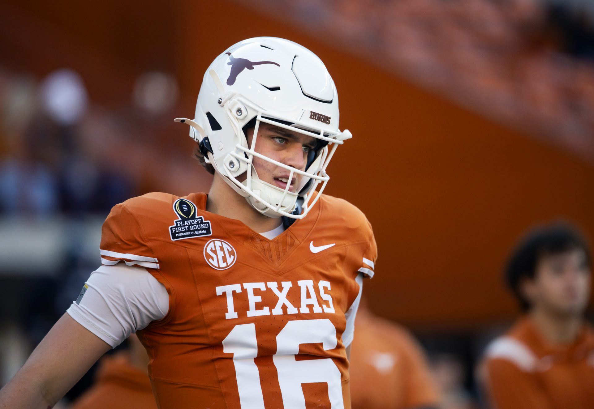 Texas Longhorns quarterback Arch Manning (16) against the Clemson Tigers during the CFP National playoff first round at Darrell K Royal-Texas Memorial Stadium.