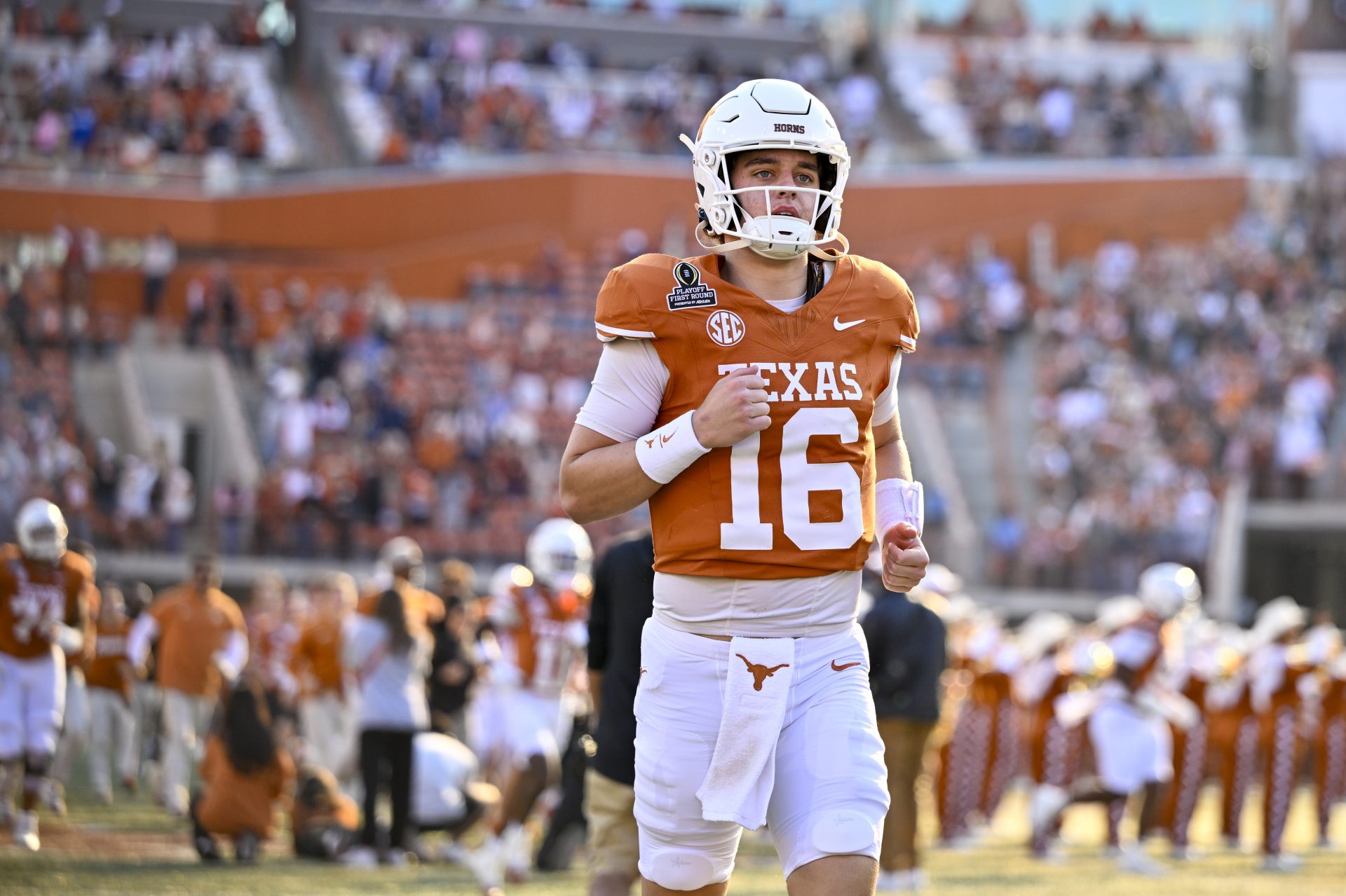 Texas Longhorns quarterback Arch Manning (16) takes the field before the game between the Texas Longhorns and the Clemson Tigers in the CFP National Playoff First Round at Darrell K Royal-Texas Memorial Stadium.
