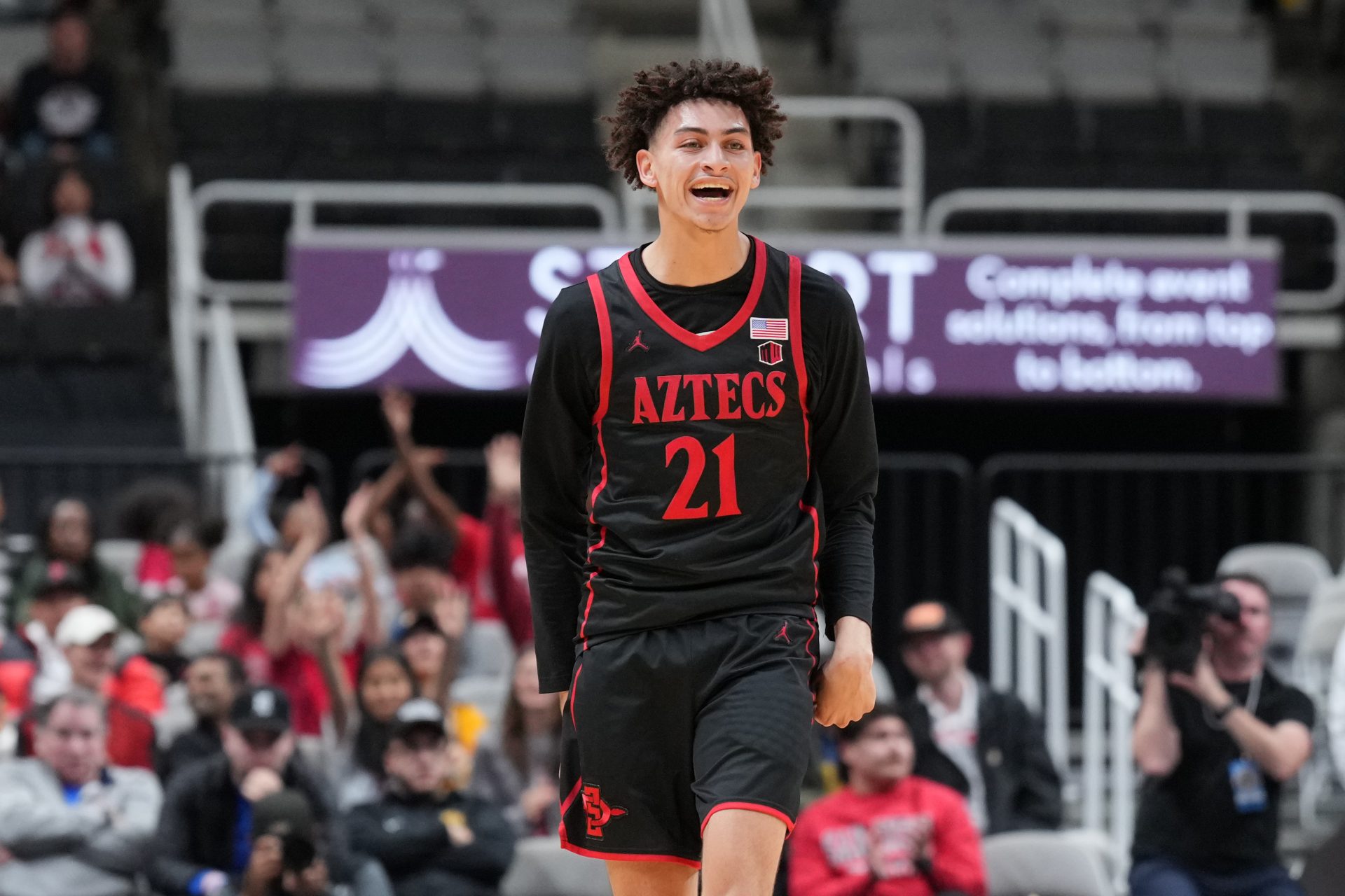 San Diego State Aztecs guard Miles Byrd (21) reacts after making a three point basket against the California Golden Bears during the first half at SAP Center.
