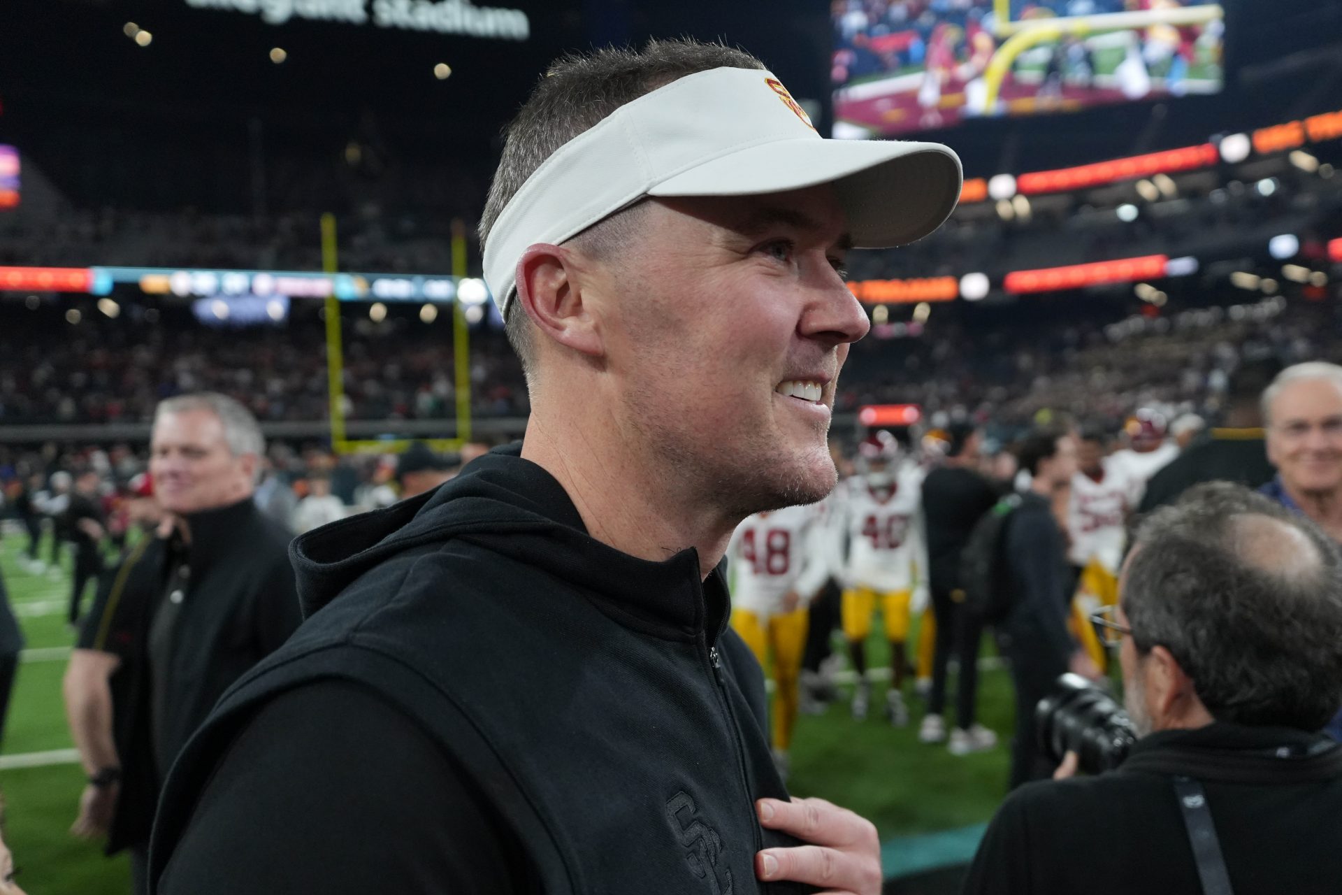 Southern California Trojans head coach Lincoln Riley reacts after the game against the Texas A&M Aggies at Allegiant Stadium.