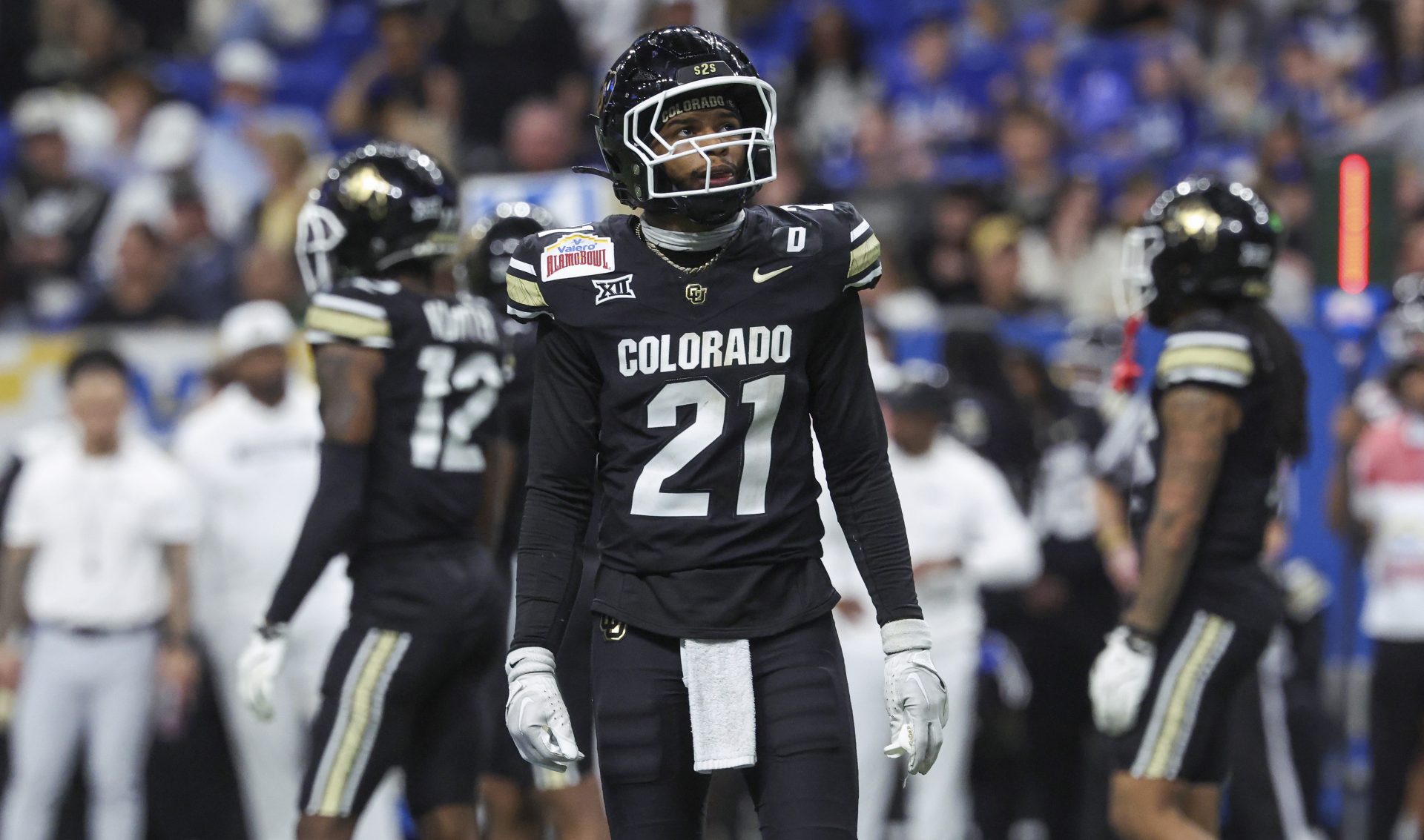 Colorado Buffaloes safety Shilo Sanders (21) looks up during the fourth quarter against the Brigham Young Cougars at Alamodome.