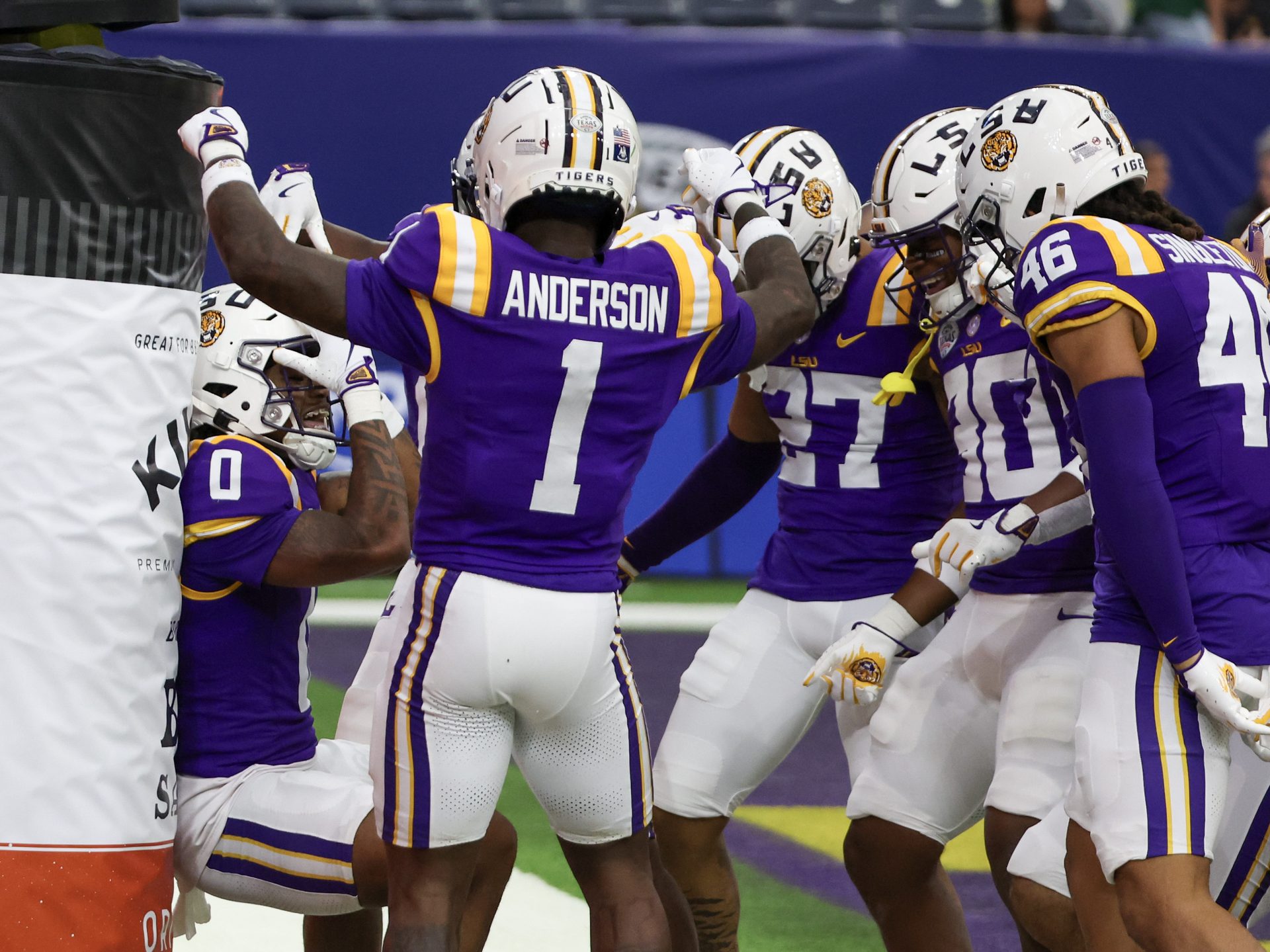 LSU Tigers special teams  Zavion Thomas (0) celebrates his touchdown against the Baylor Bears in the second quarter at NRG Stadium.