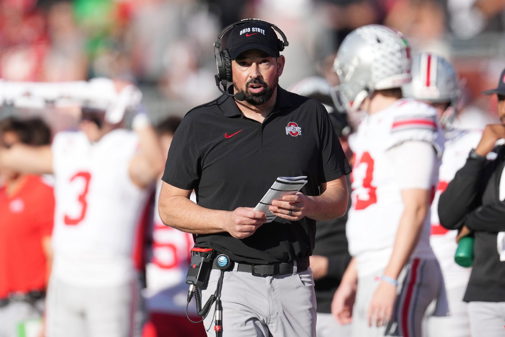 Ohio State Buckeyes head coach Ryan Day looks on in the first half against the Oregon Ducks in the 2025 Rose Bowl college football quarterfinal game at Rose Bowl Stadium.