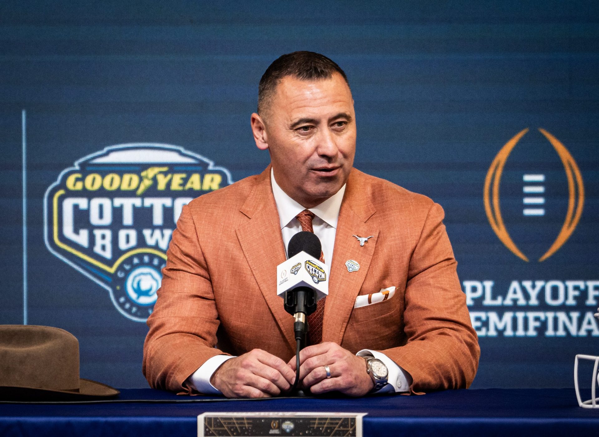 Texas Longhorns Head Coach Steve Sarkisian speaks during the Coaches' Press Conference at AT&T Stadium, Jan. 9, 2024. Both coaches answered questions from the media during the conference, and will face each other in the Cotton Bowl College Football Playoff semi-final game on Friday.